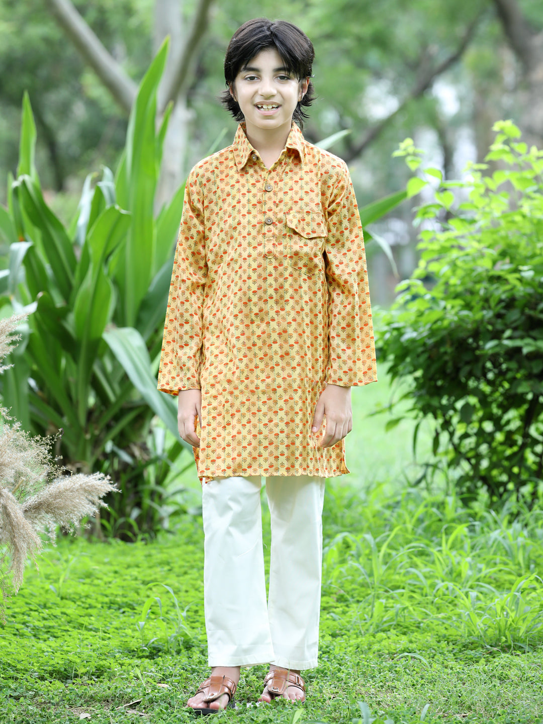 Cutiekins Printed Kurta and Pajama Set-Mustard & Off White