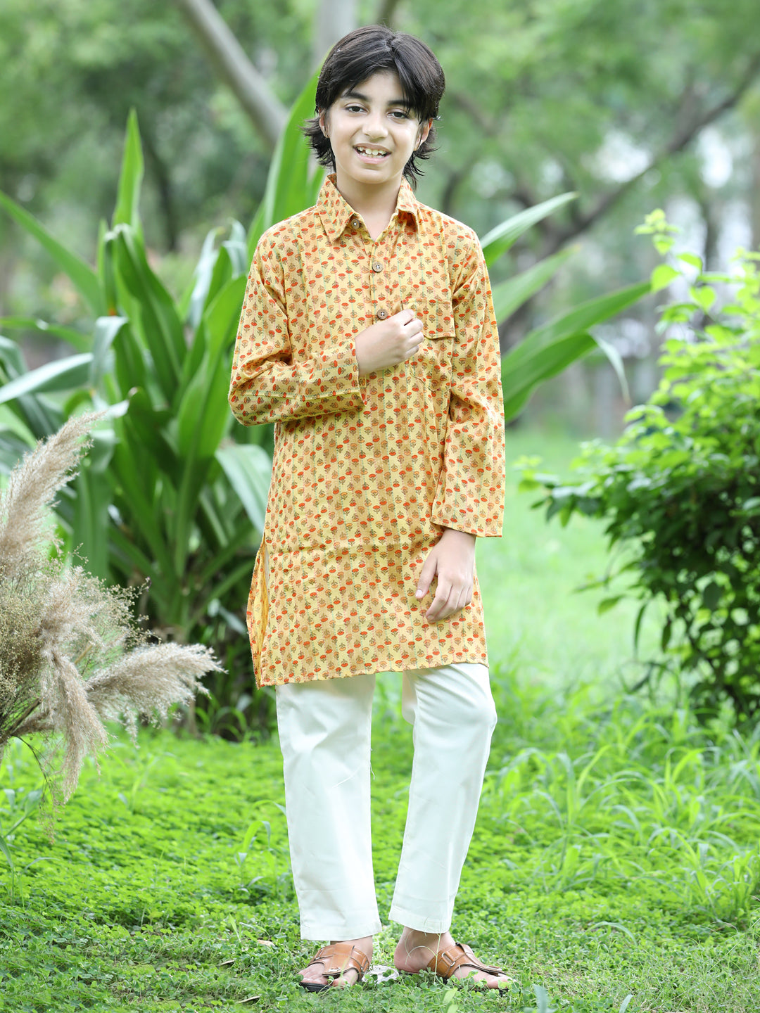 Cutiekins Printed Kurta and Pajama Set-Mustard & Off White
