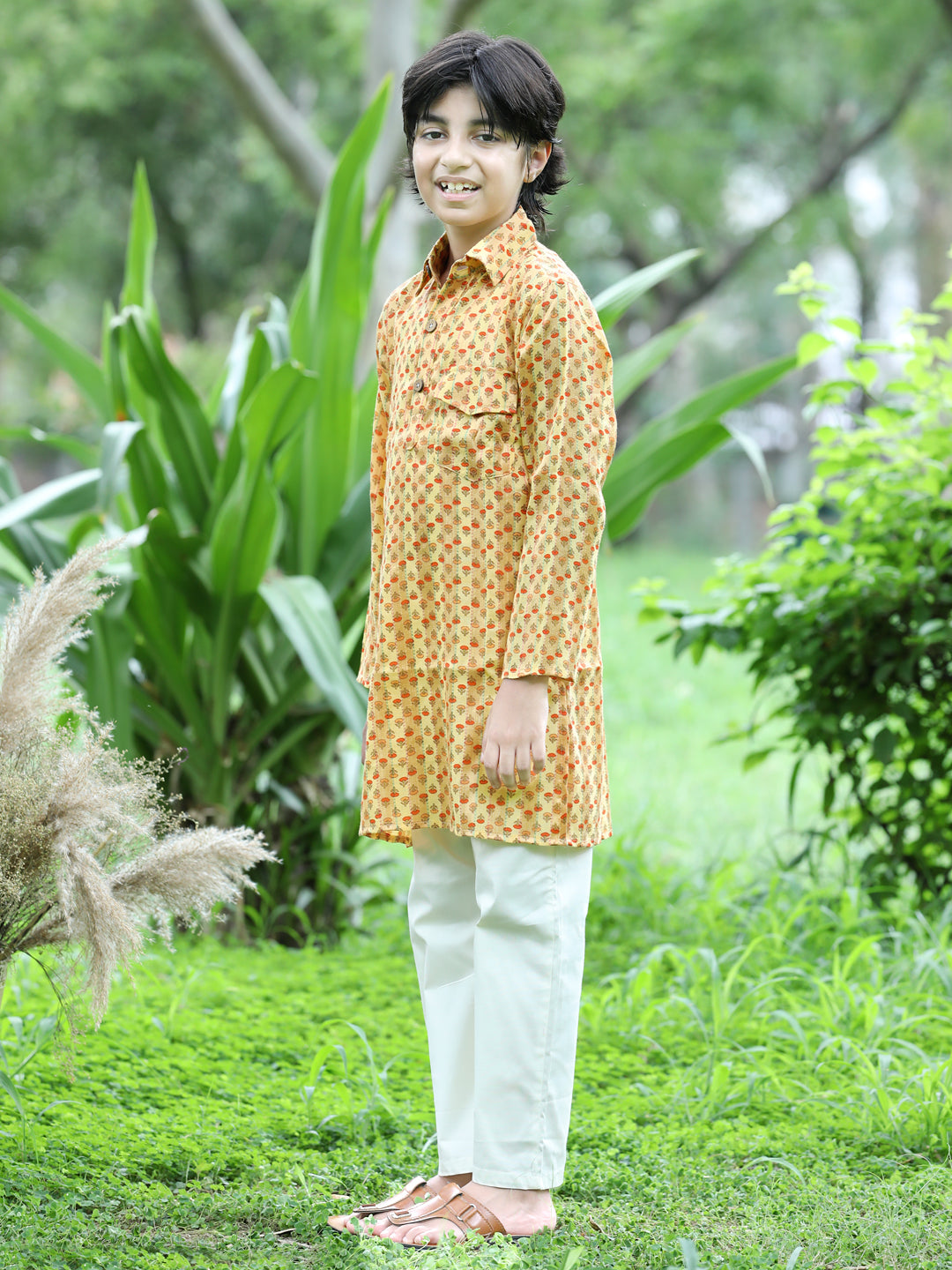 Cutiekins Printed Kurta and Pajama Set-Mustard & Off White