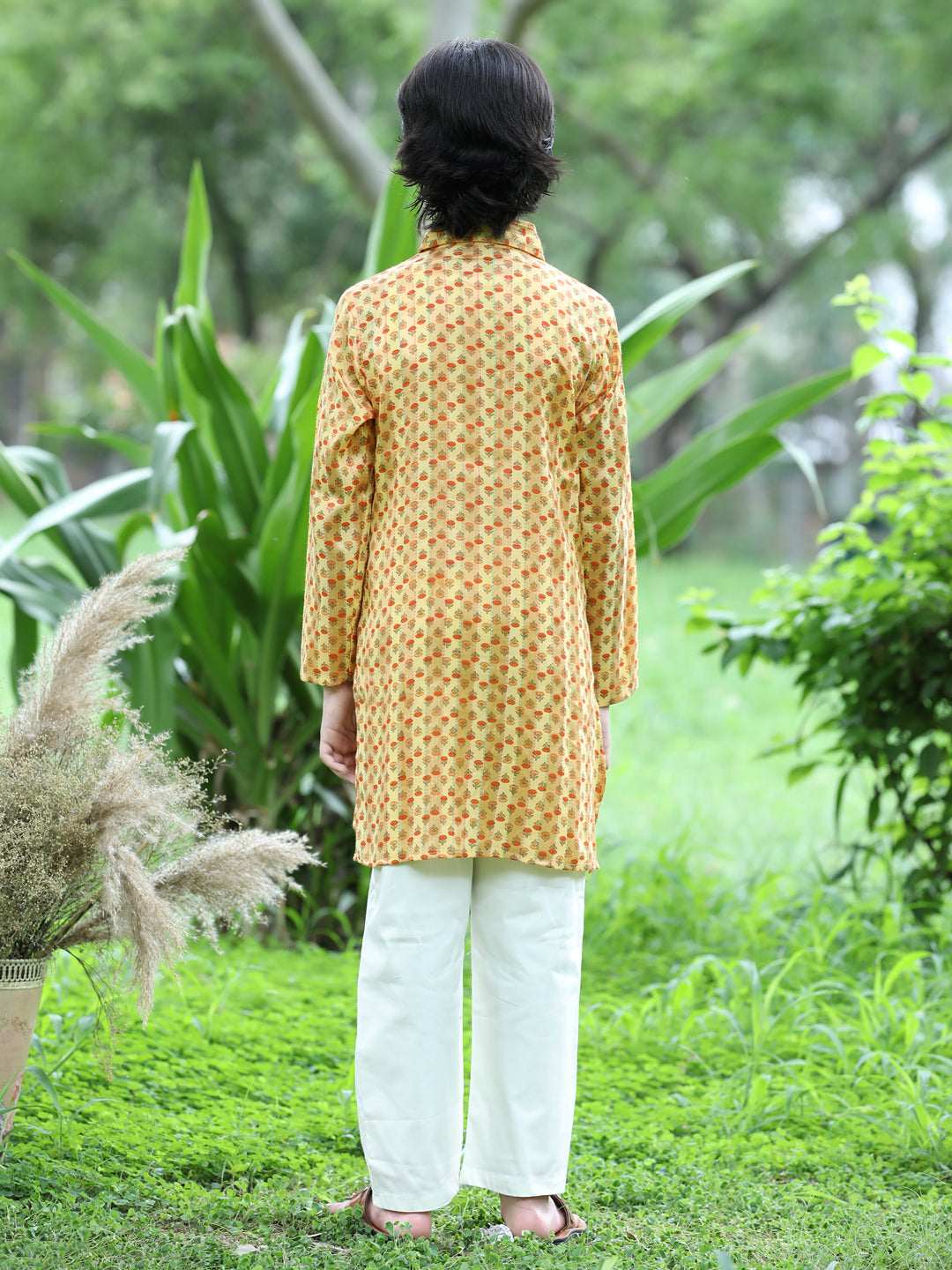 Cutiekins Printed Kurta and Pajama Set-Mustard & Off White