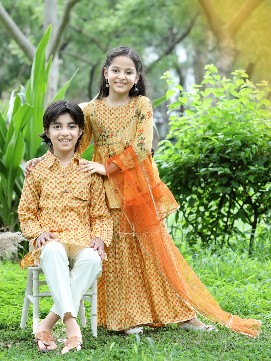 Cutiekins Ethnic Motif Printed Kurta ,Sharara and Dupatta Set-Mustard & Orange