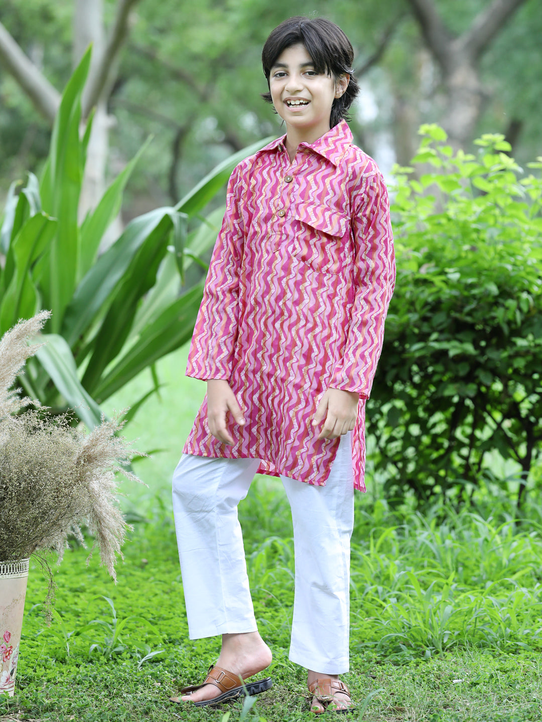 Cutiekins Printed Kurta and Pajama Set-Pink & Off White