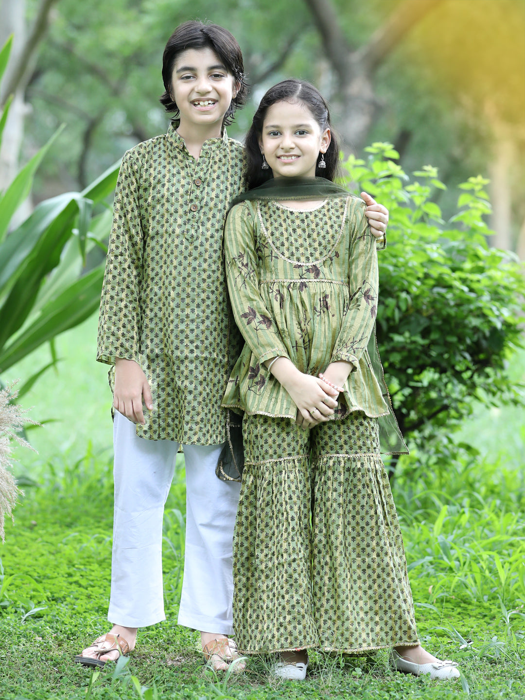 Cutiekins Ethnic Motif Printed Kurta ,Sharara and Dupatta Set-Dark Green & Gold