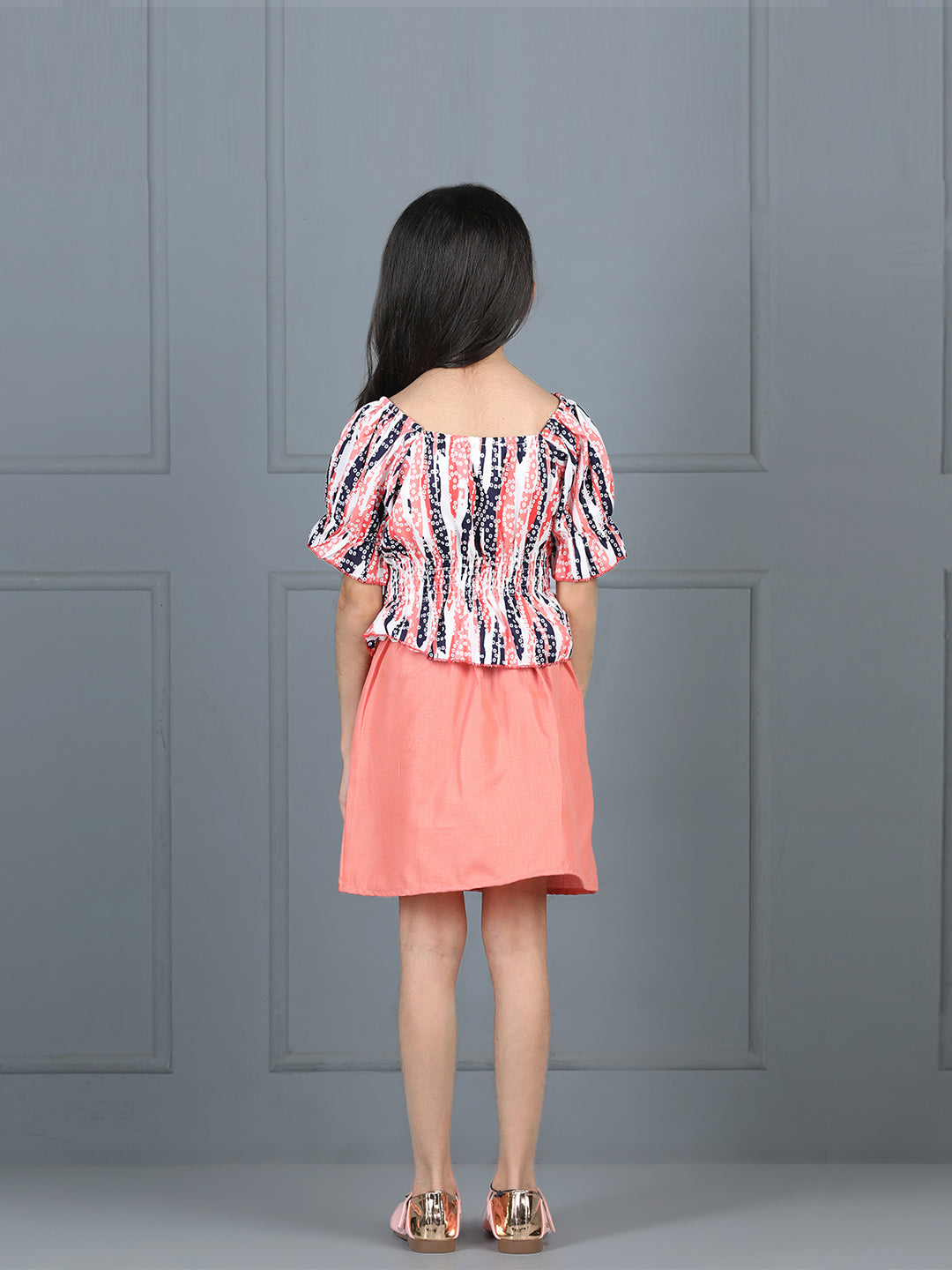 Cutiekins Girls Abstract Printed Embellished Top With Solid Skirt -Off White & Peach