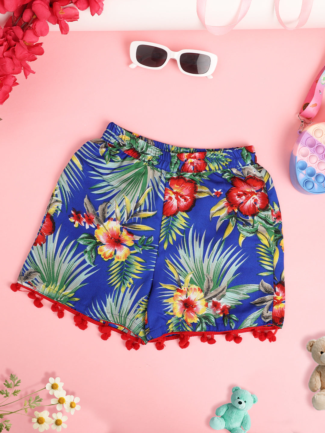 Cutiekins Girls Floral Printed Embellished Short -Blue & Multi