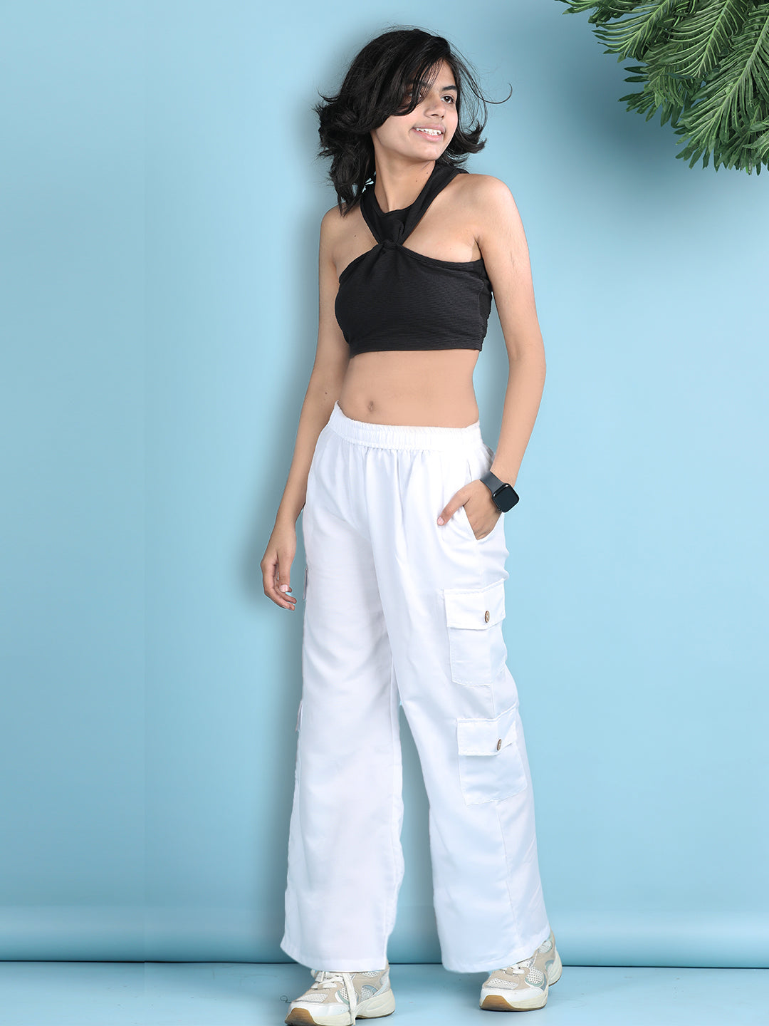 Cutiekins Girls Solid Embellished Top with Solid Cargo -Black & White