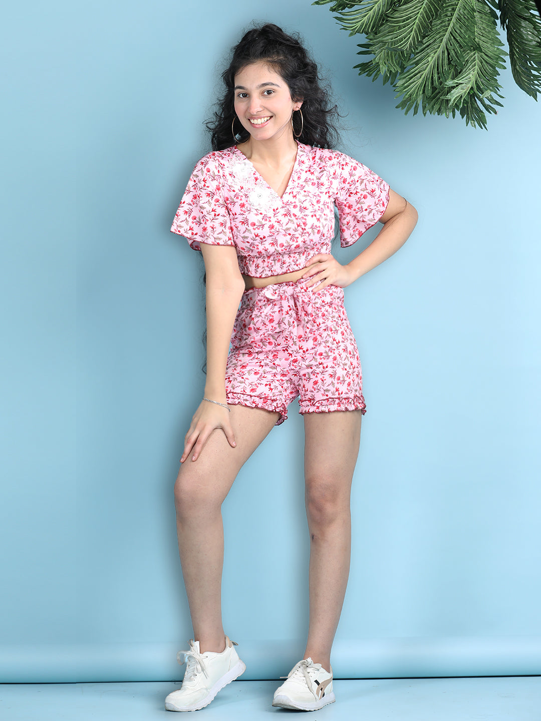 Cutiekins Girls Printed Embellished Top with Printed Shorts -Pink & Red