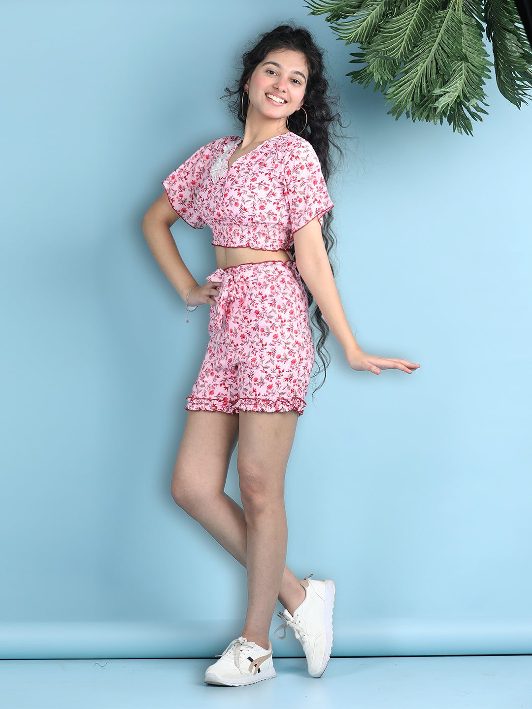 Cutiekins Girls Printed Embellished Top with Printed Shorts -Pink & Red