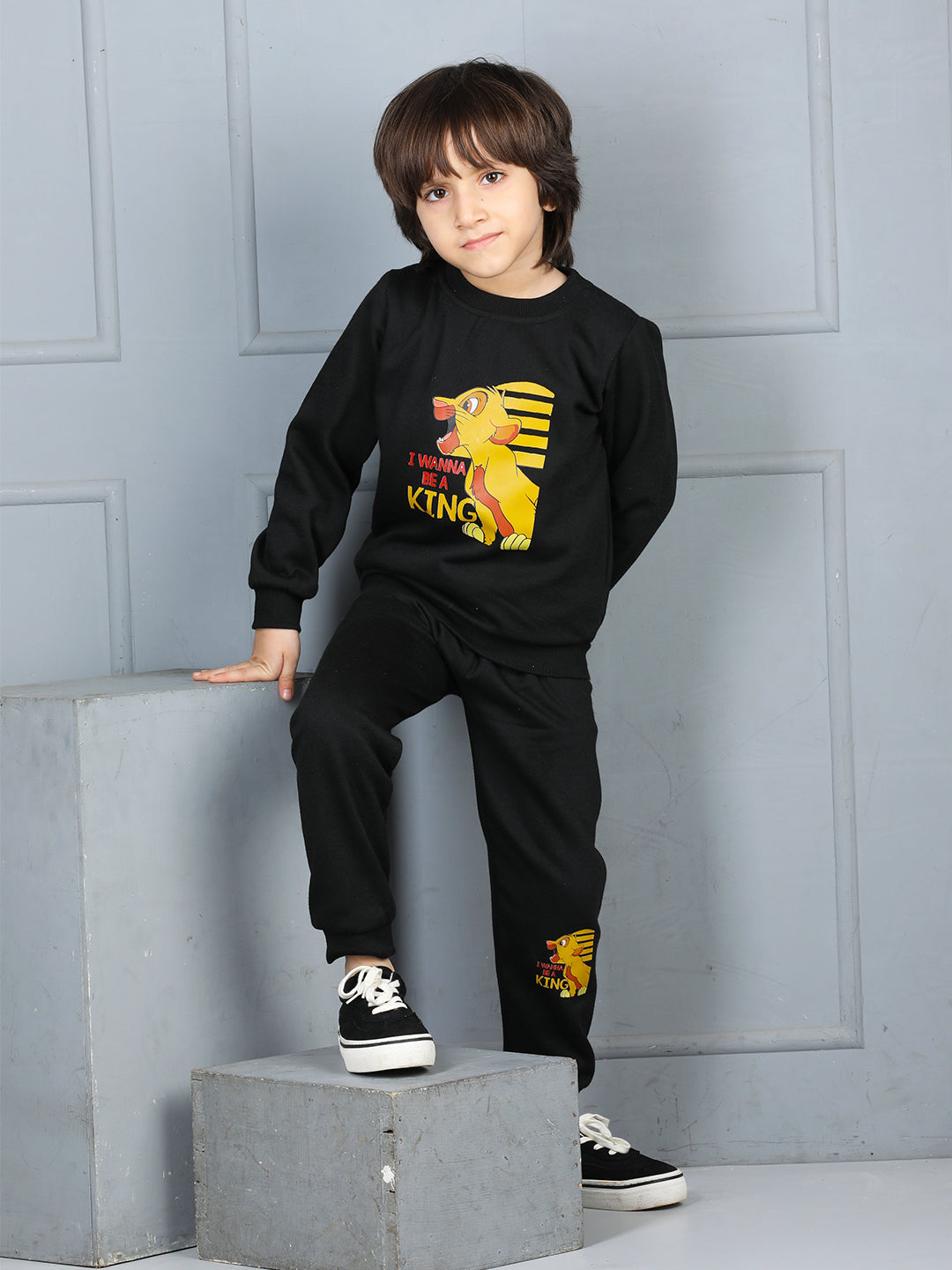 Cutiekins Boys Baby Lion Graphic Print cozy Tracksuit -Black & Mustard
