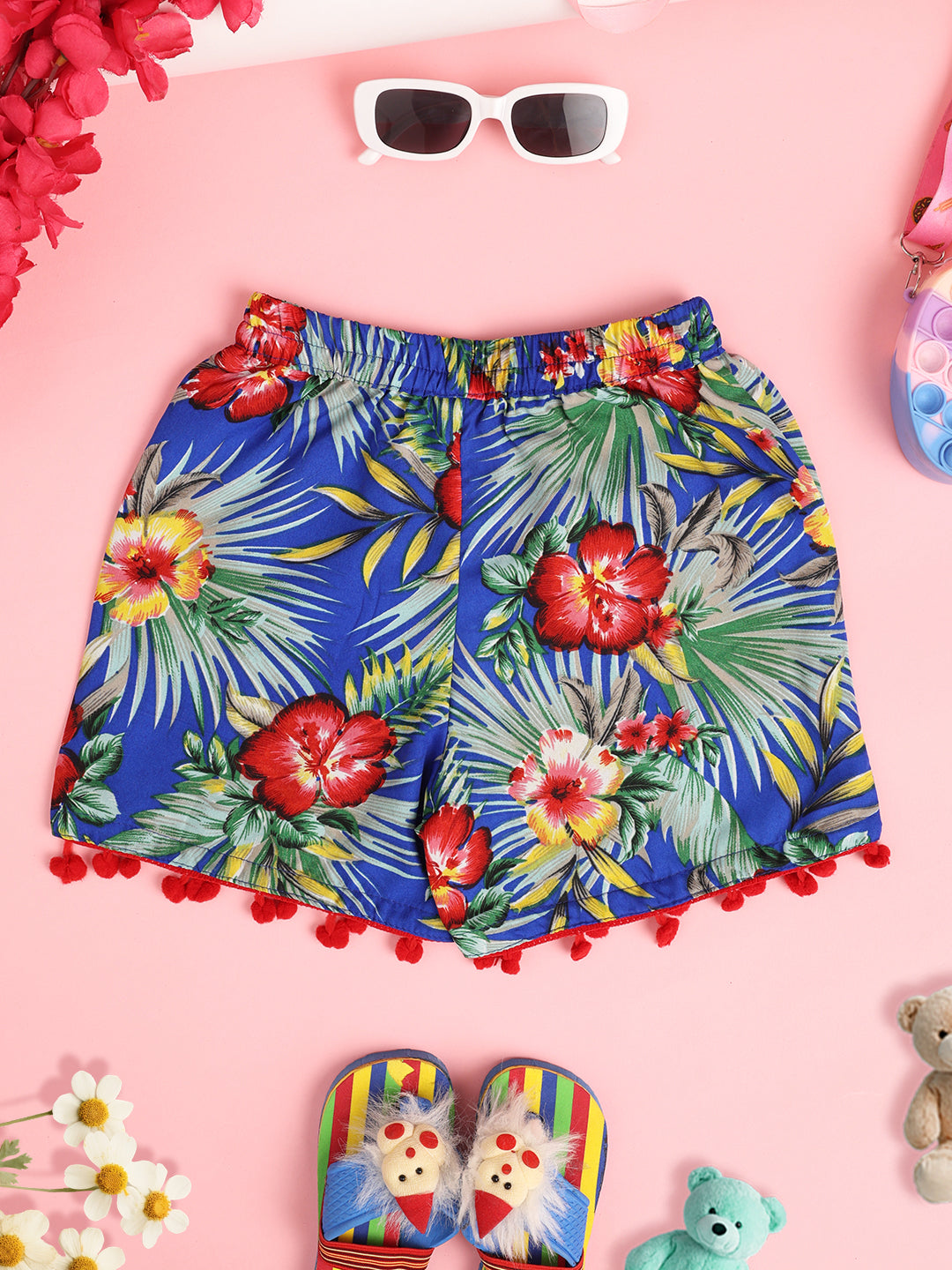Cutiekins Girls Floral Printed Embellished Short -Blue & Multi