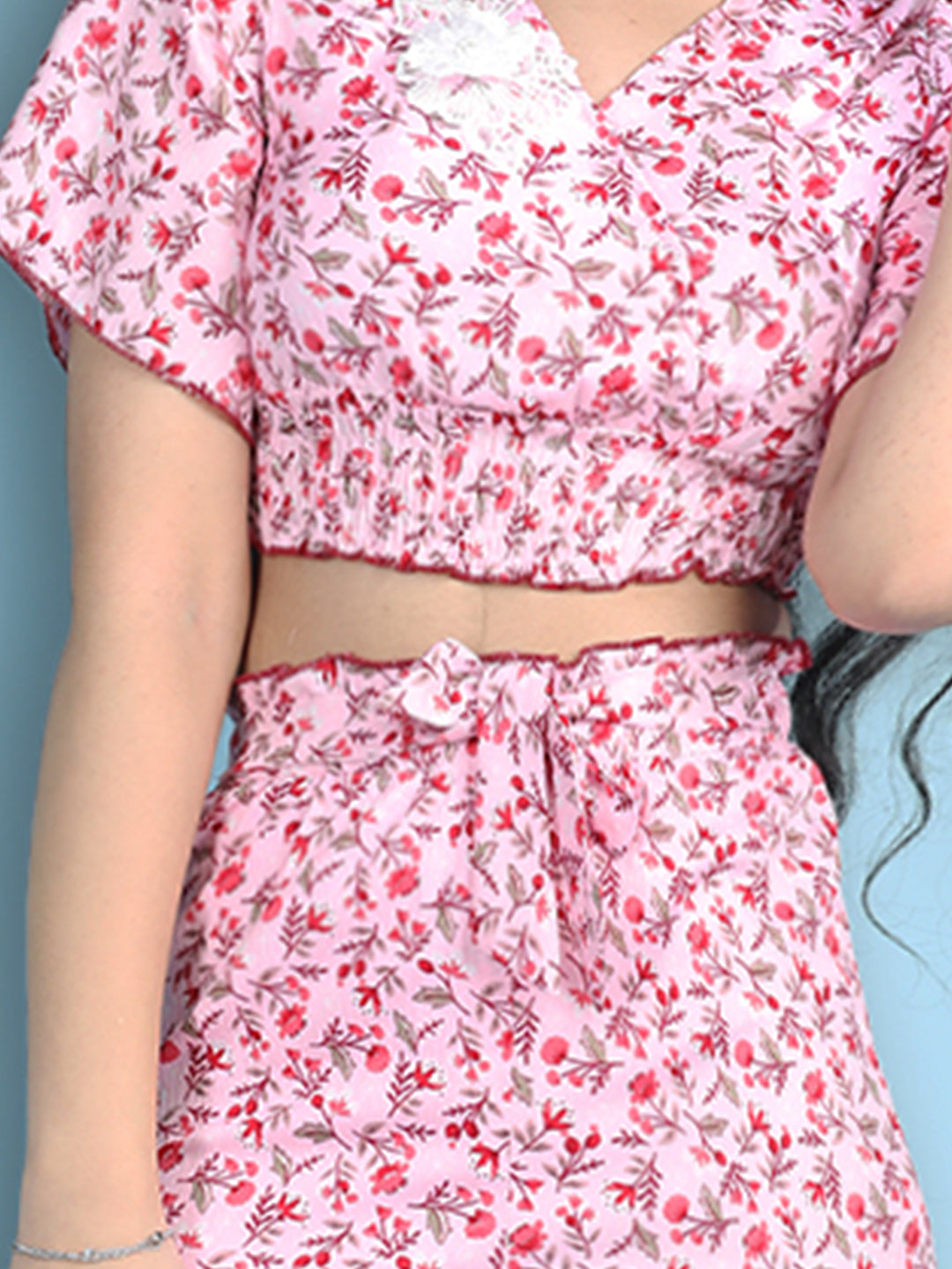 Cutiekins Girls Printed Embellished Top with Printed Shorts -Pink & Red