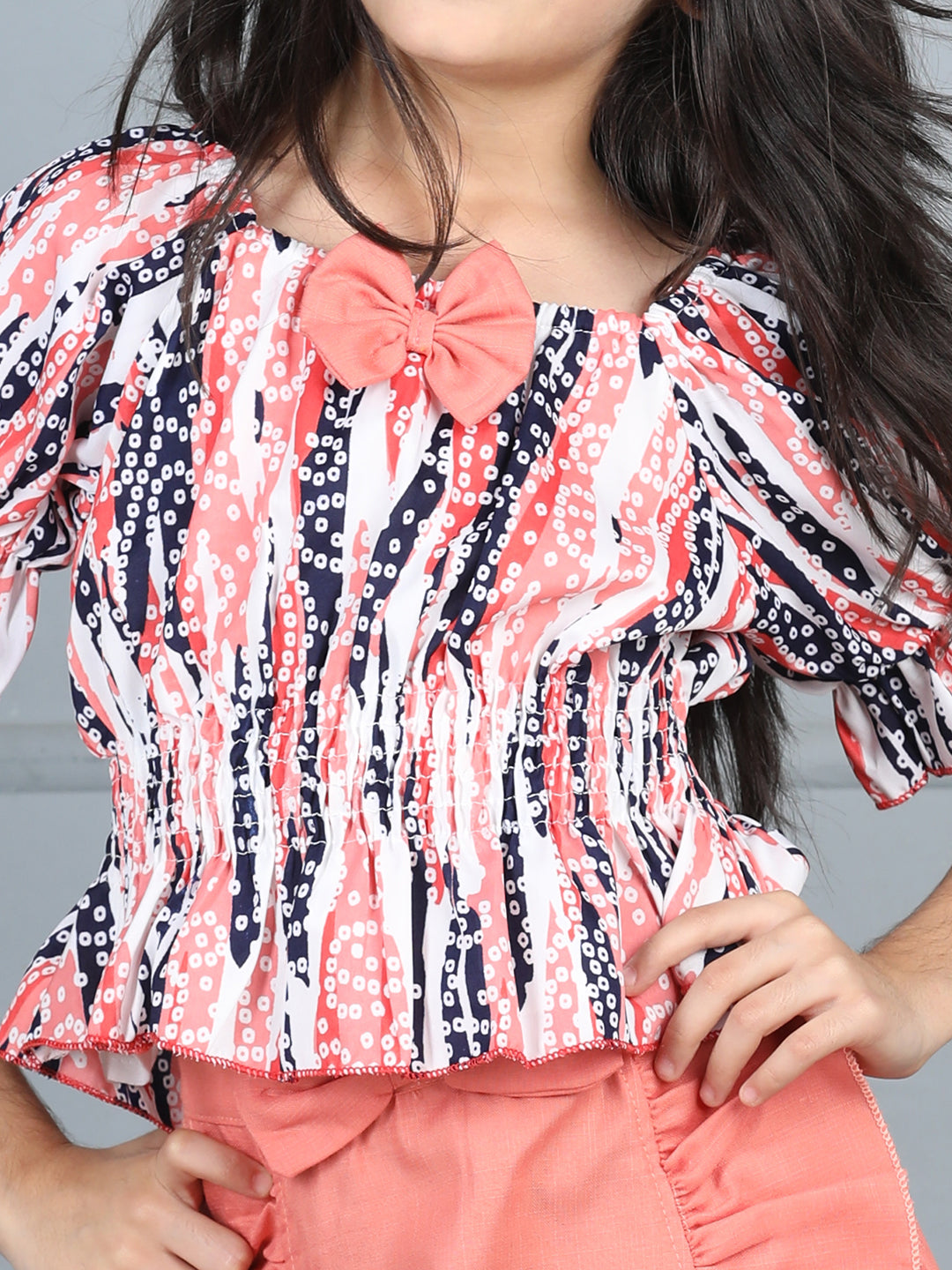 Cutiekins Girls Abstract Printed Embellished Top With Solid Skirt -Off White & Peach