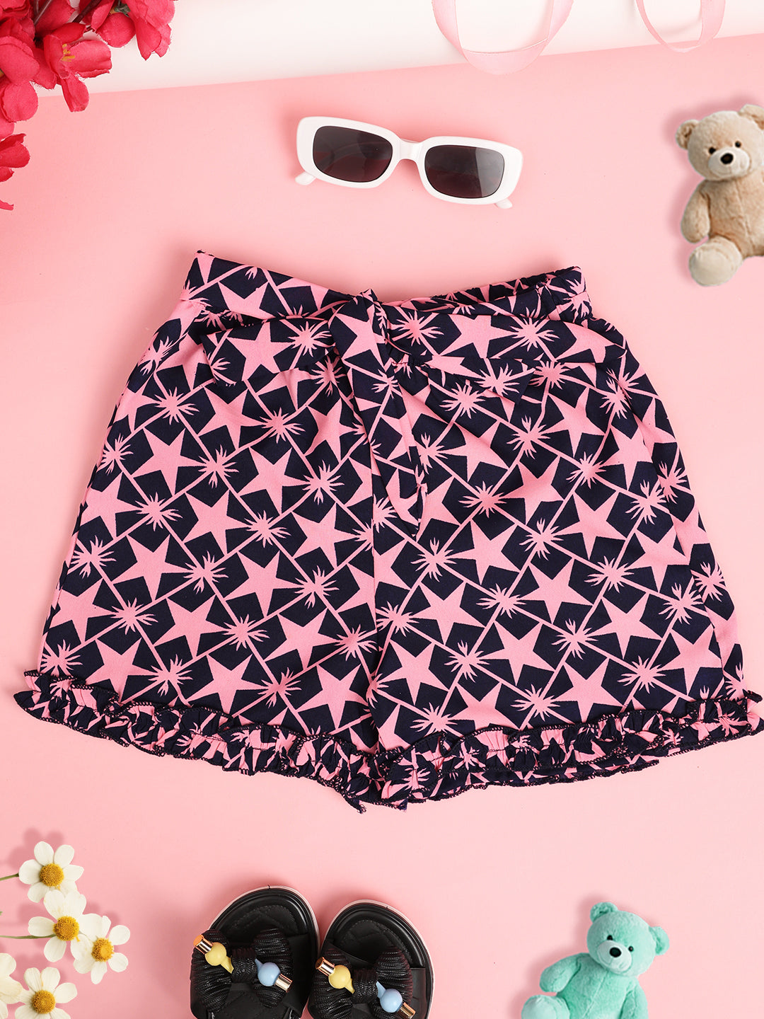 Cutiekins Girls Geomatric Print Embellished Short -Navy & Pink