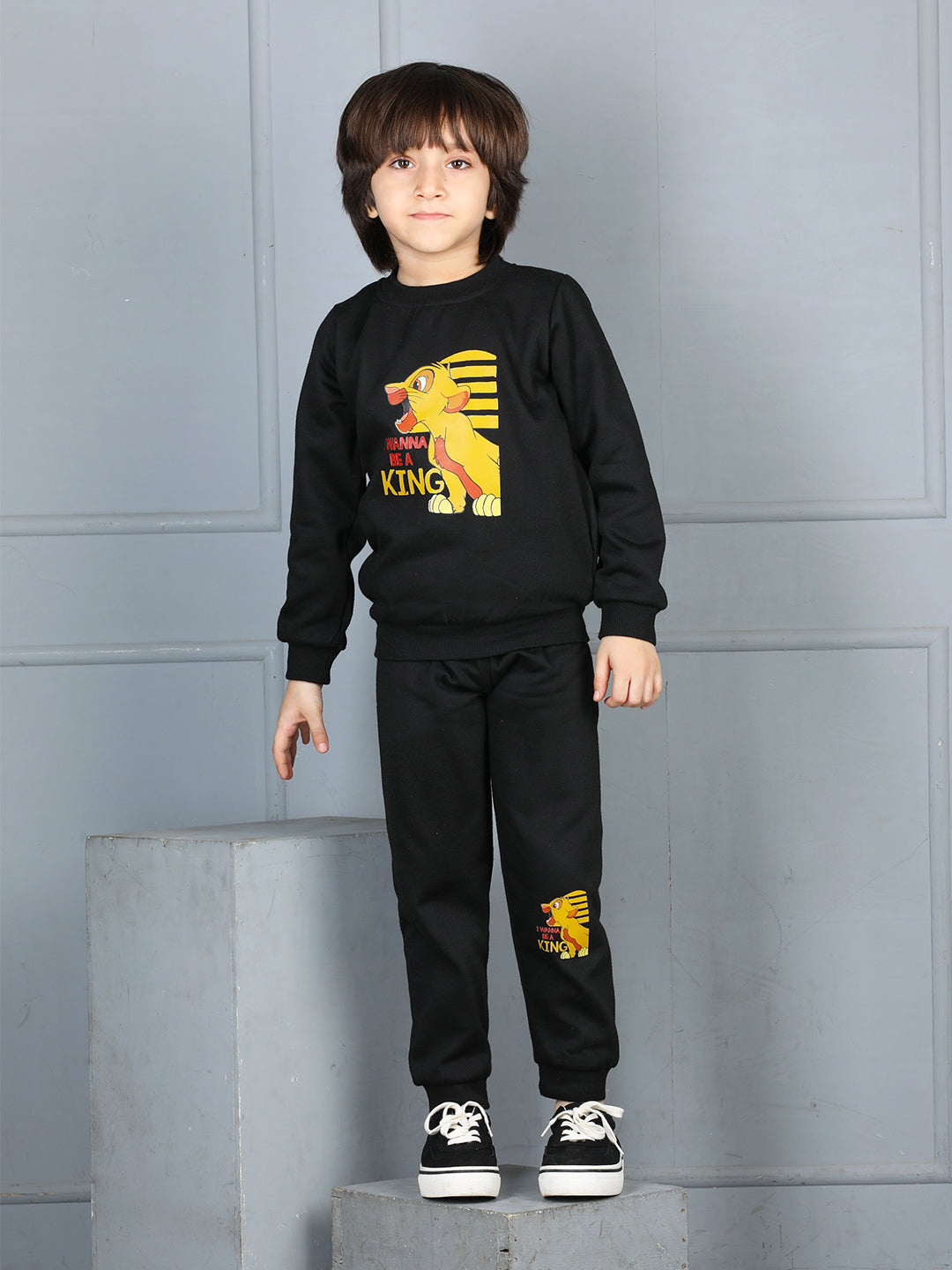 Cutiekins Boys Baby Lion Graphic Print cozy Tracksuit -Black & Mustard