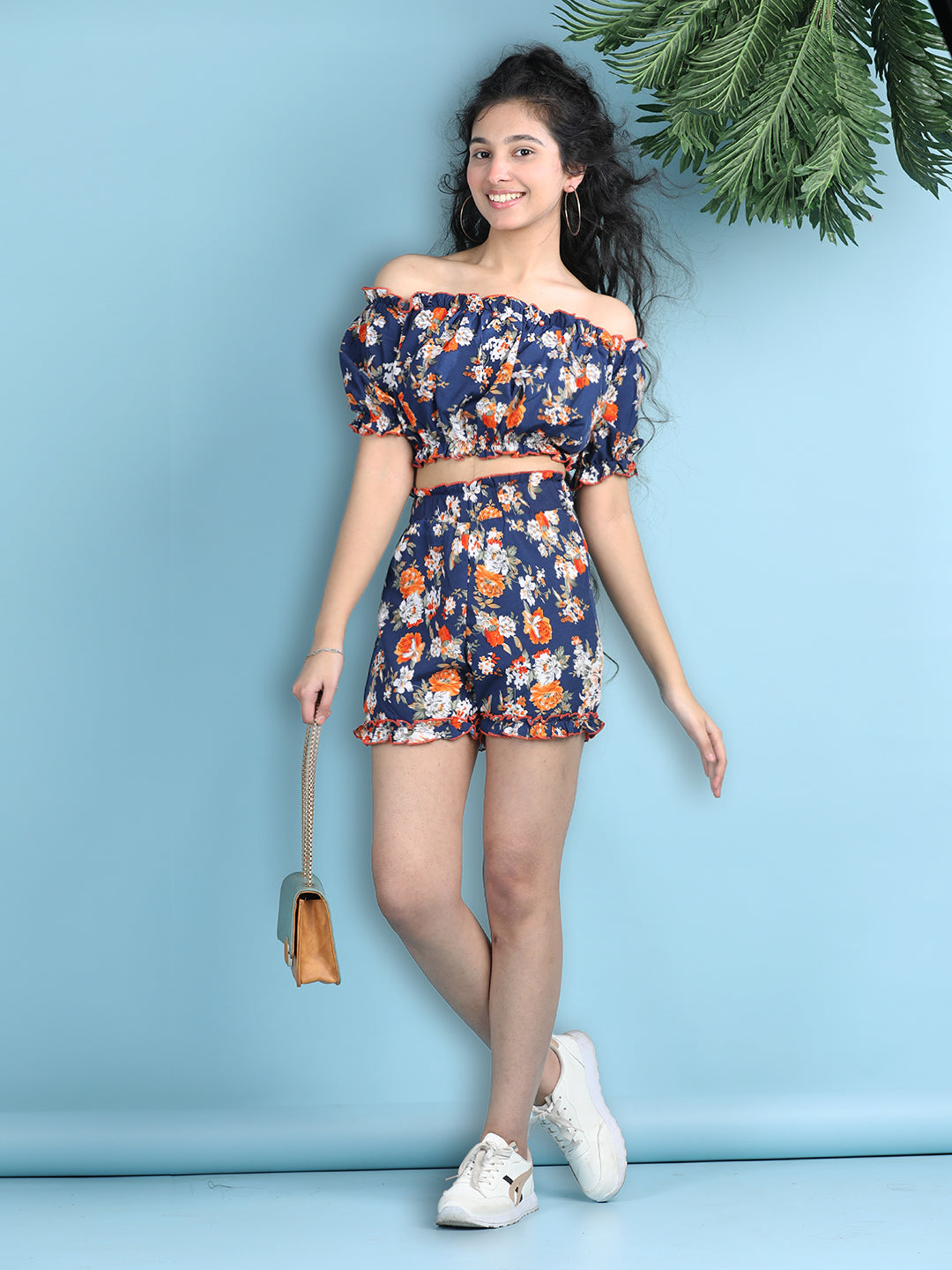 Cutiekins Girls Printed Embellished Top with Solid Shorts -Navy Blue & Multi