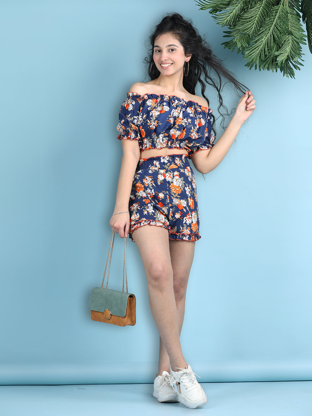 Cutiekins Girls Printed Embellished Top with Solid Shorts -Navy Blue & Multi