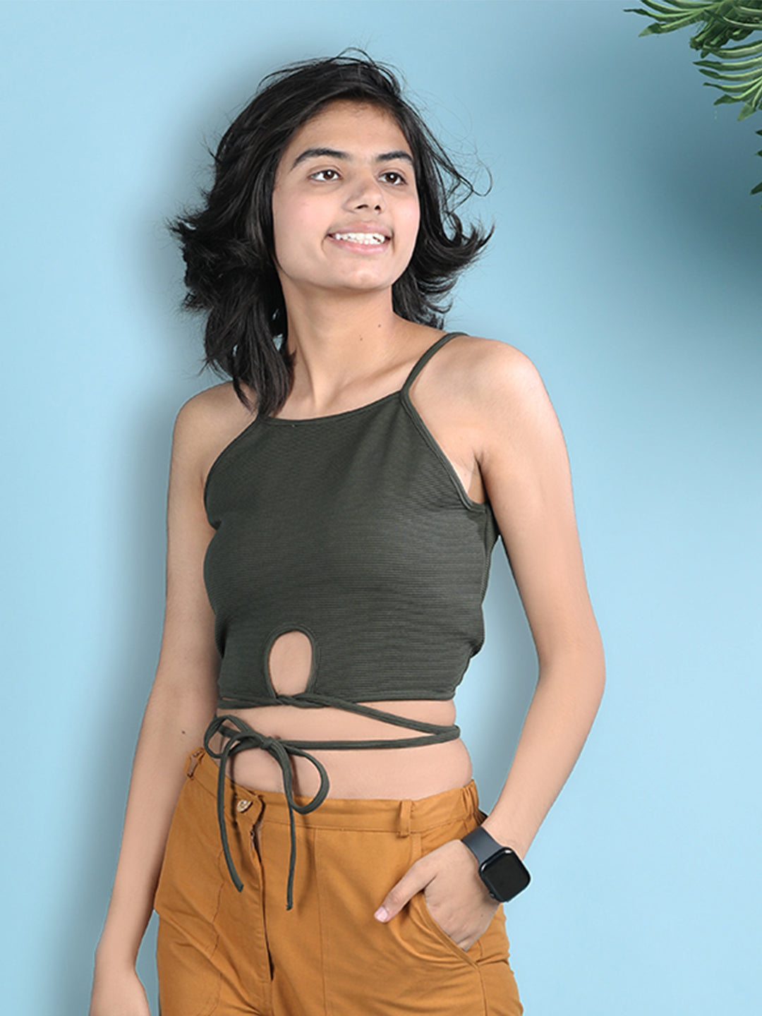 Cutiekins Girls Solid Embellished Stylish Tie-Ups Crop Top -Olive Green