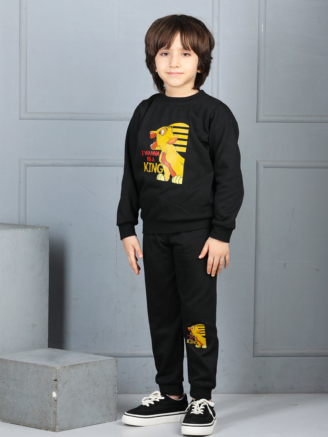 Cutiekins Boys Baby Lion Graphic Print cozy Tracksuit -Black & Mustard