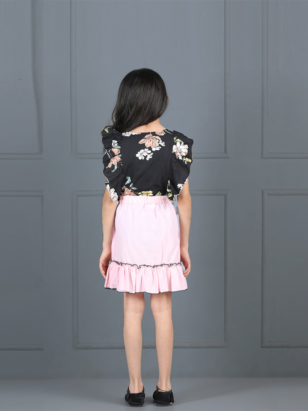 Cutiekins Girls Shirt Style Floral Printed Top With Solid Skirt -Black & Pink