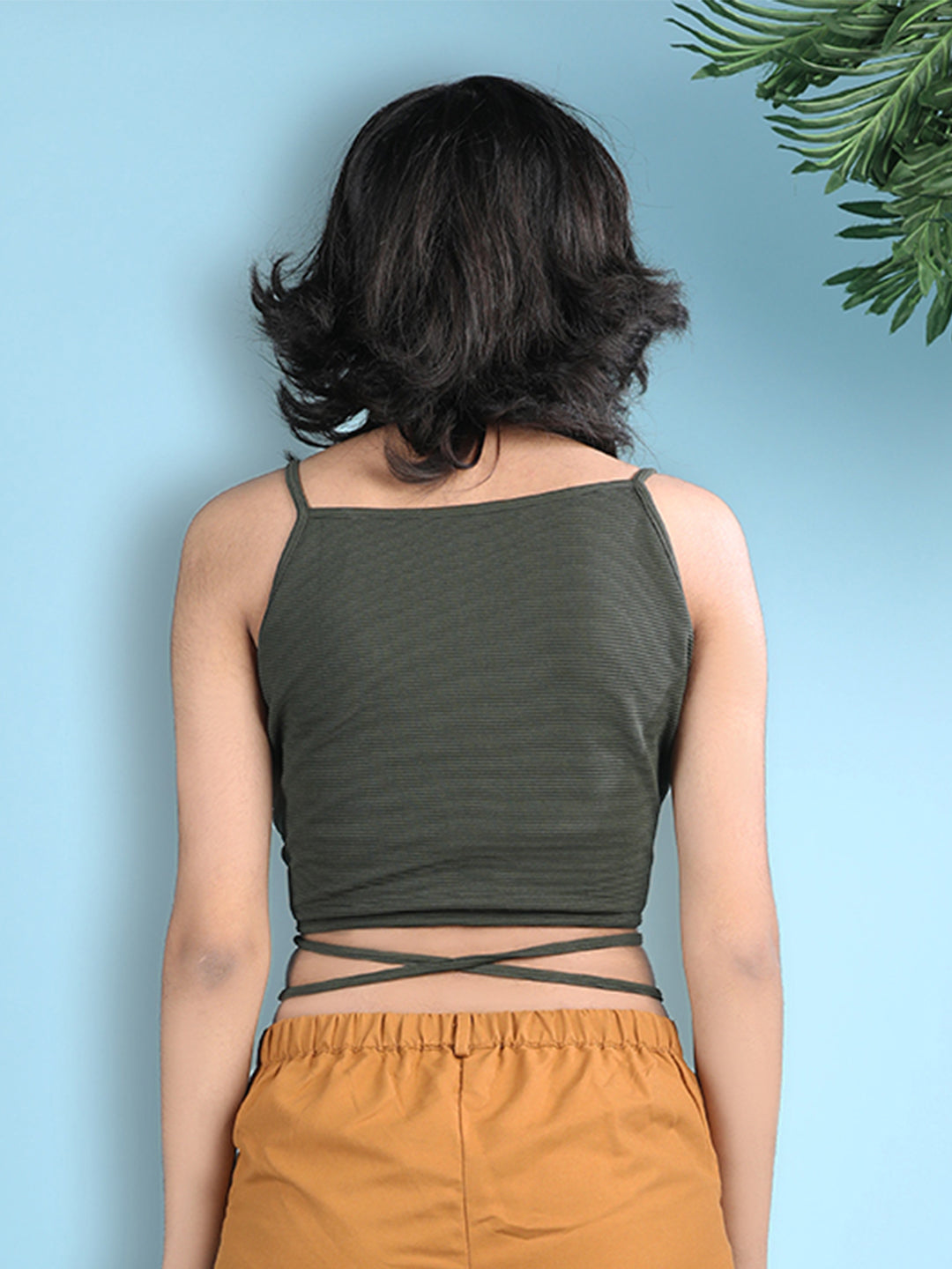 Cutiekins Girls Solid Embellished Stylish Tie-Ups Crop Top -Olive Green
