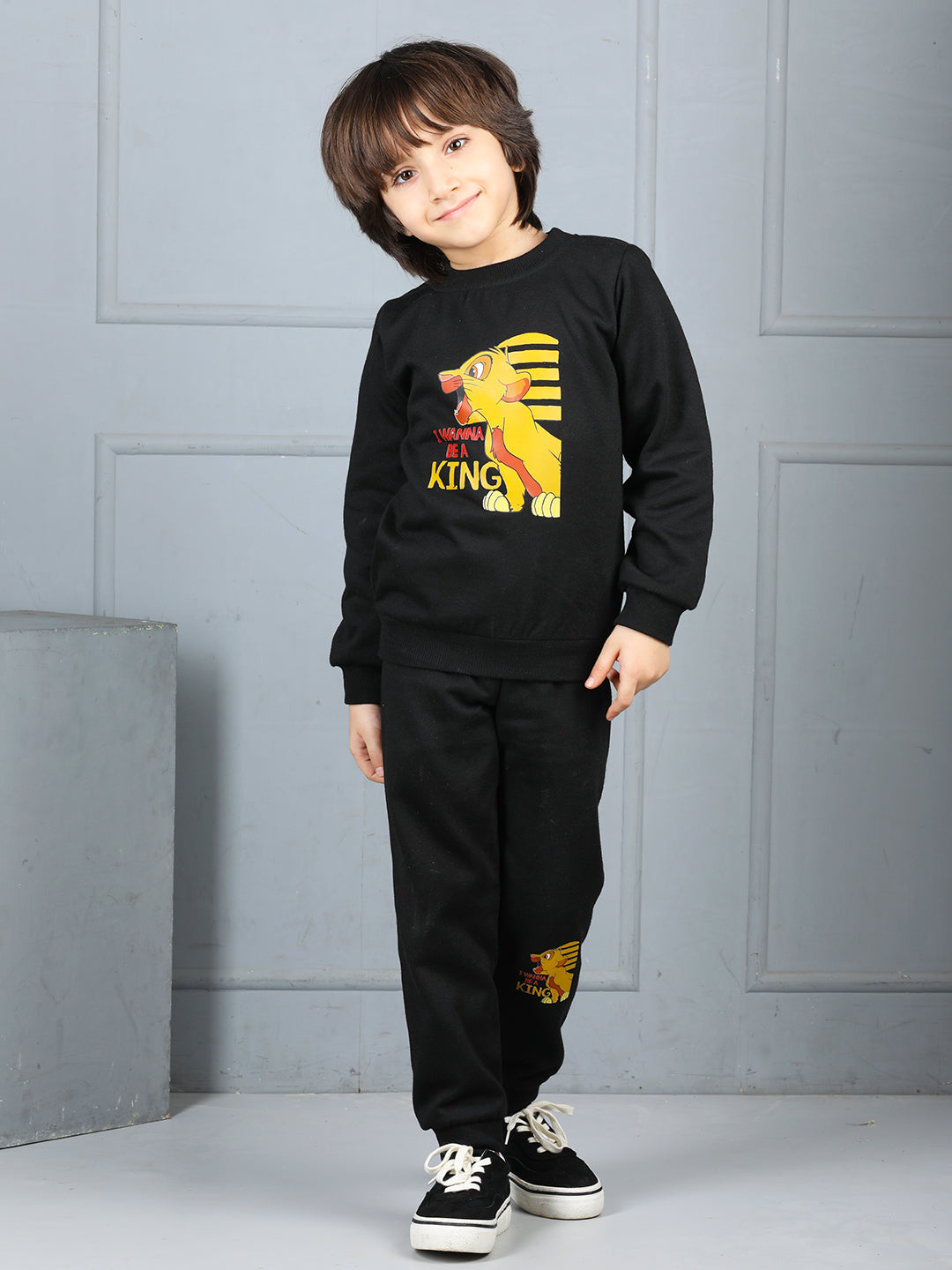 Cutiekins Boys Baby Lion Graphic Print cozy Tracksuit -Black & Mustard