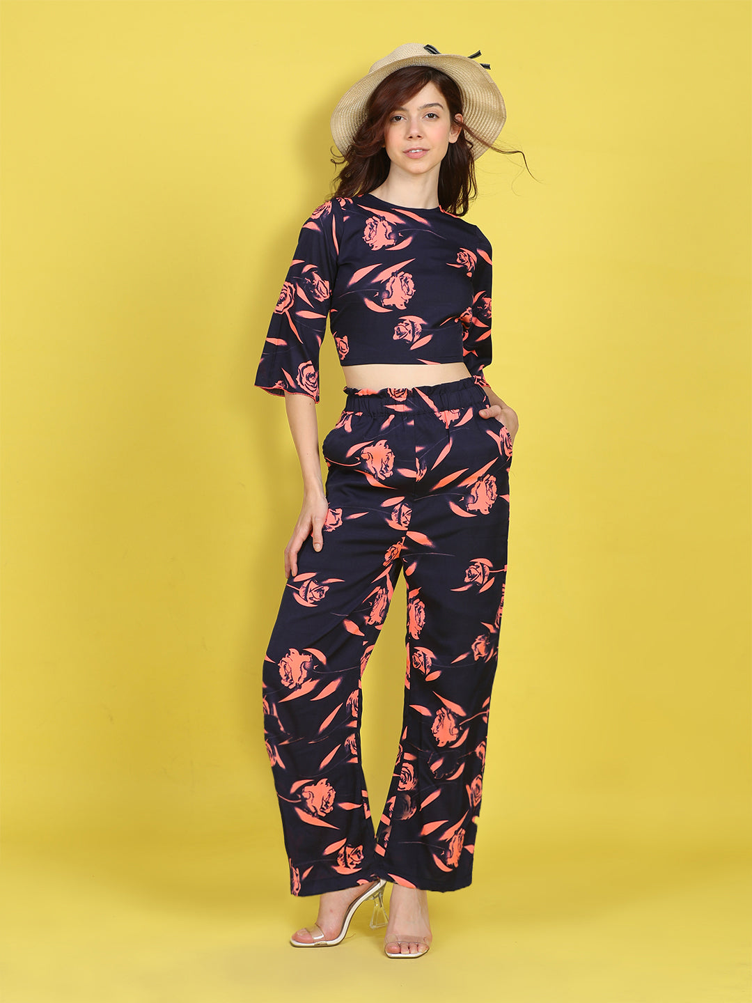 Cutiekins Girls Trendy Bold Style Printed Top & Palazzo Co-ord Set -Navy & Coral