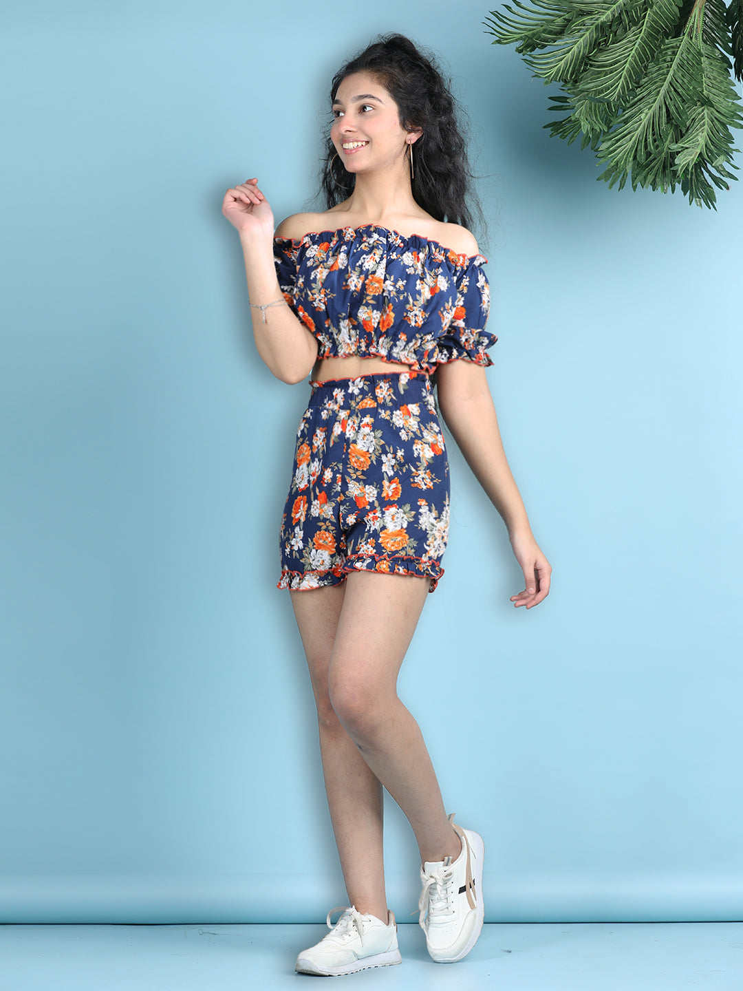 Cutiekins Girls Printed Embellished Top with Solid Shorts -Navy Blue & Multi