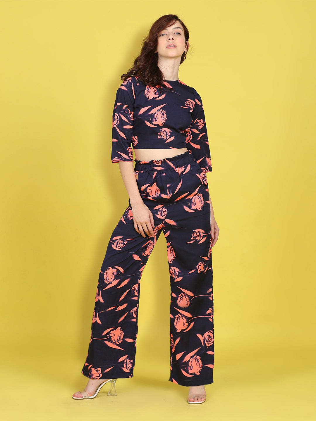 Cutiekins Girls Trendy Bold Style Printed Top & Palazzo Co-ord Set -Navy & Coral