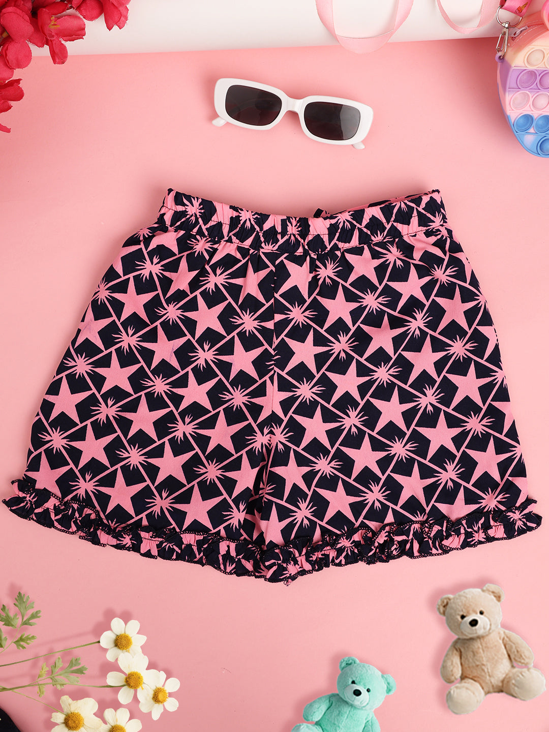 Cutiekins Girls Geomatric Print Embellished Short -Navy & Pink