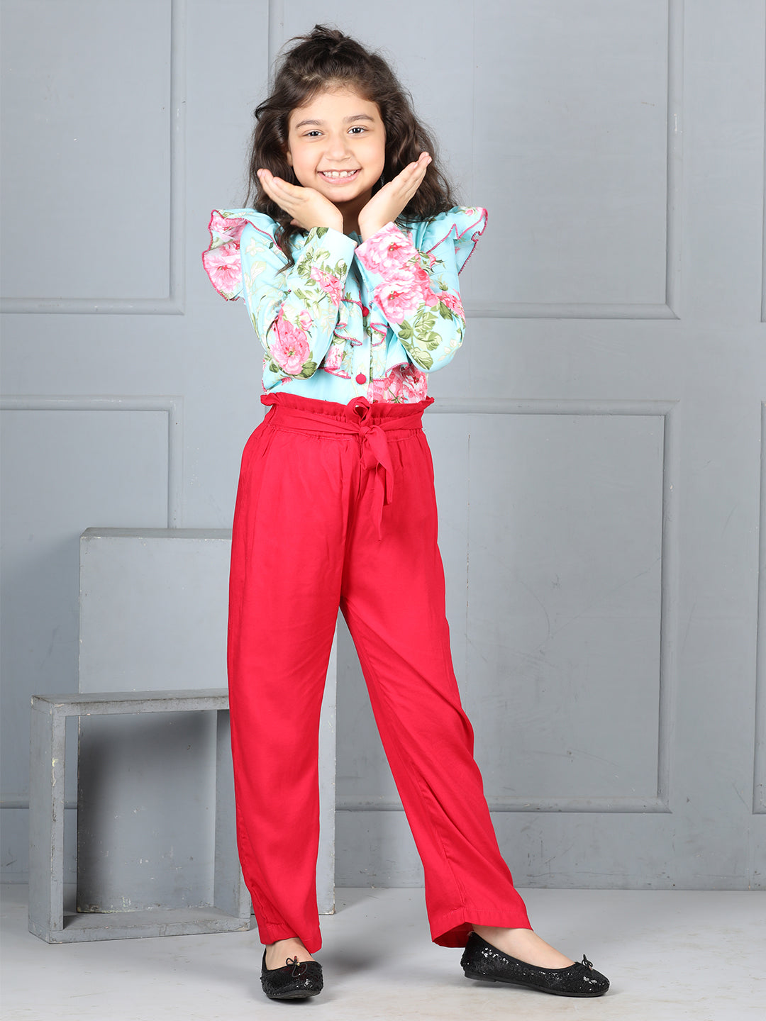Cutiekins Girls Shirt Style Floral Printed Top With Solid Trouser -Sky Blue & Red