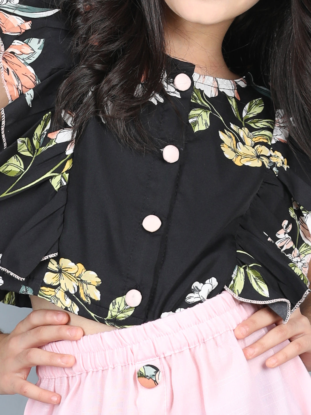Cutiekins Girls Shirt Style Floral Printed Top With Solid Skirt -Black & Pink