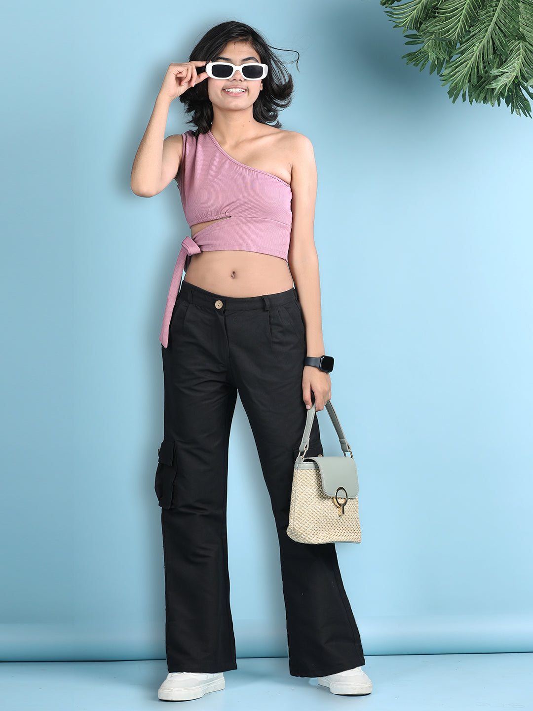 Cutiekins Girls Solid Embellished Top with Solid Cargo -Onioin Pink & Black