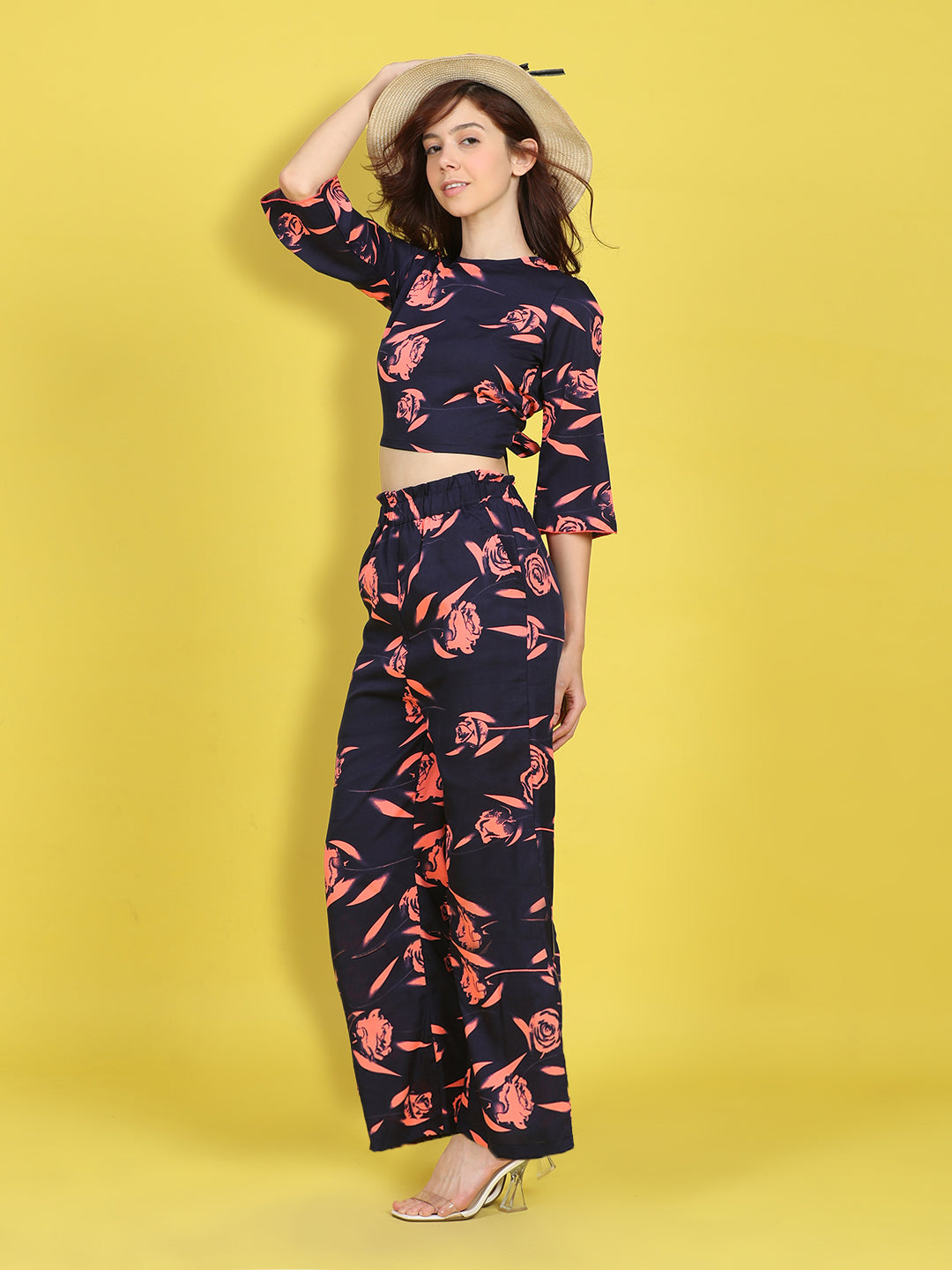 Cutiekins Girls Trendy Bold Style Printed Top & Palazzo Co-ord Set -Navy & Coral