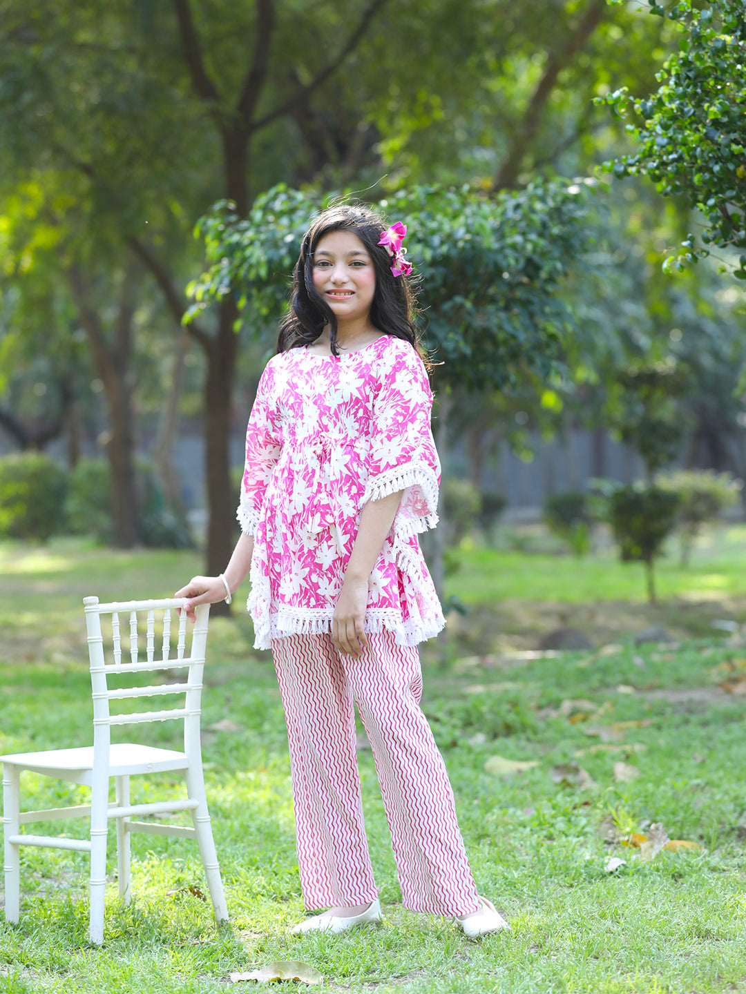 Cutiekins Girls Trendy Floral Print Kaftan Kurta and Palazzo Set -Magenta & White