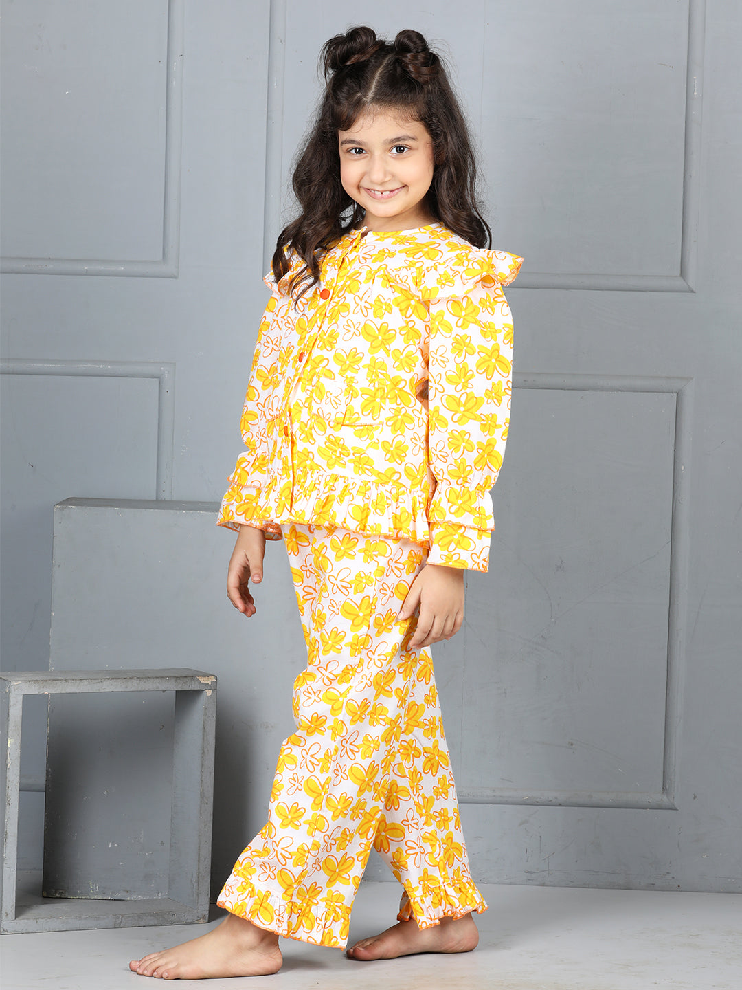 Cutiekins Girls Shirt Style Floral Printed Top With Printed Palazzo Nightsuit -Off White & Orange