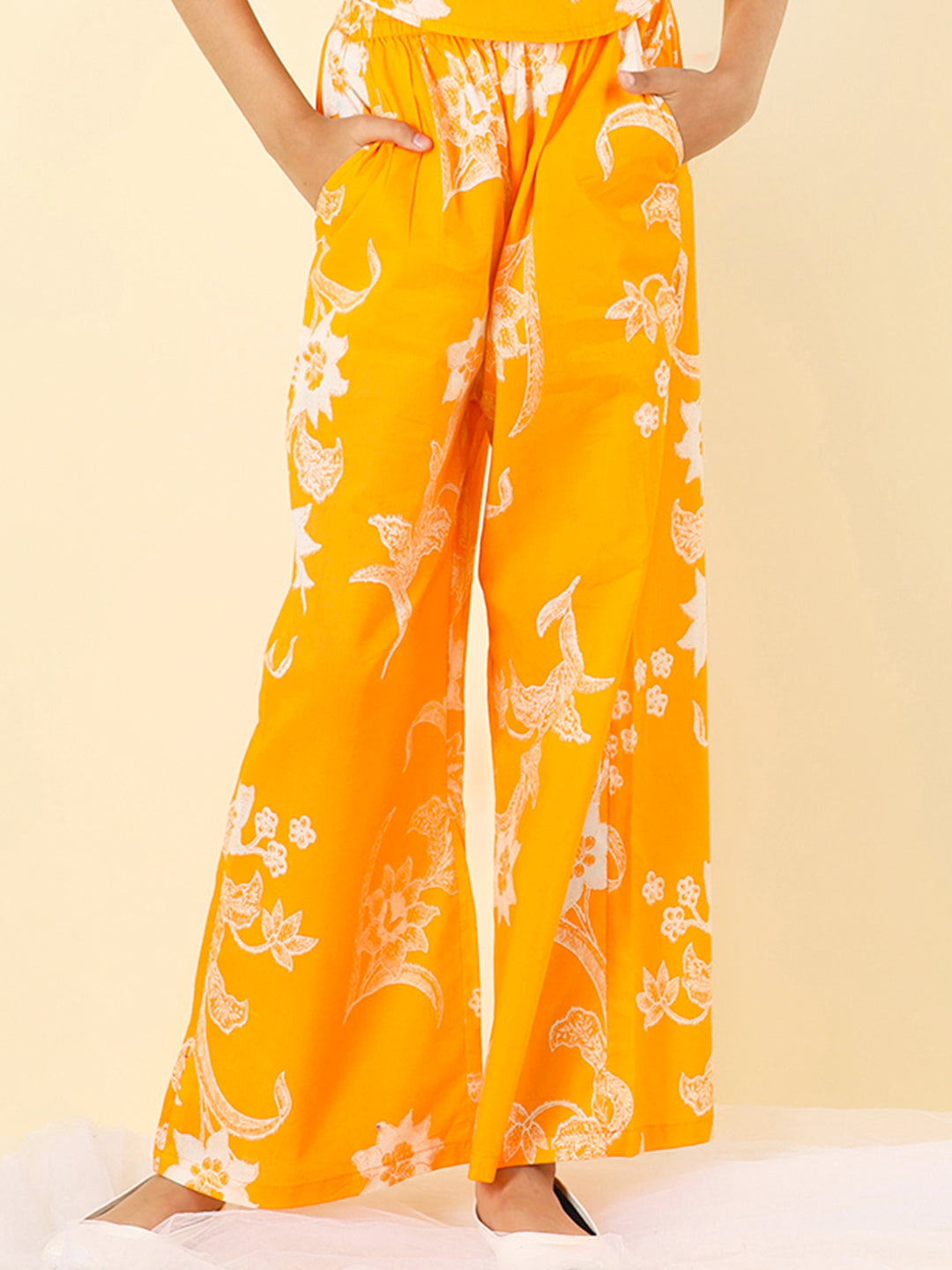 Cutiekins Girls Cotton Tropical Print Palazzo -Orange & White