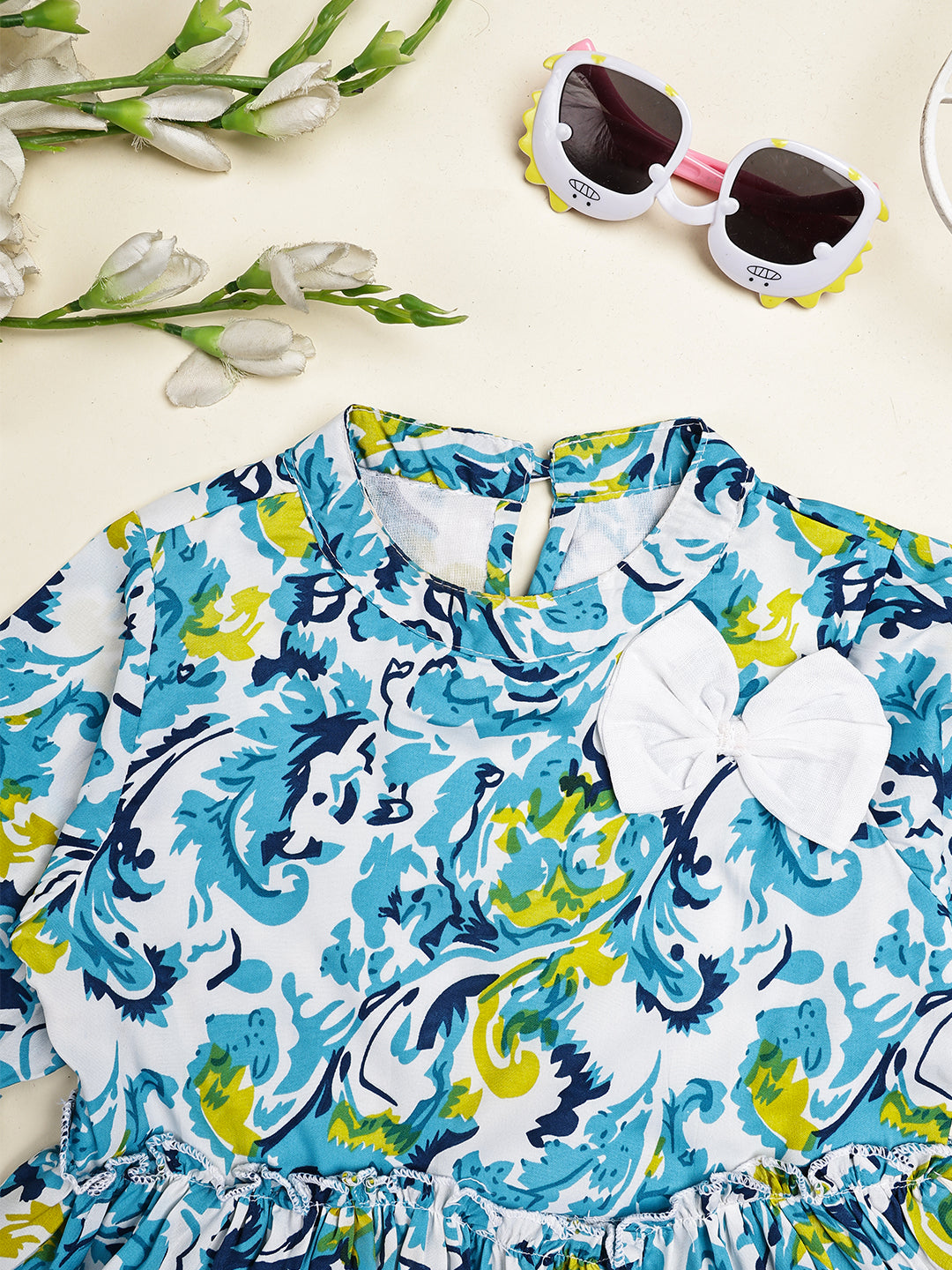 Cutiekins Girls Adorable Floral Print Casual Top -Off White & Turquoise Blue