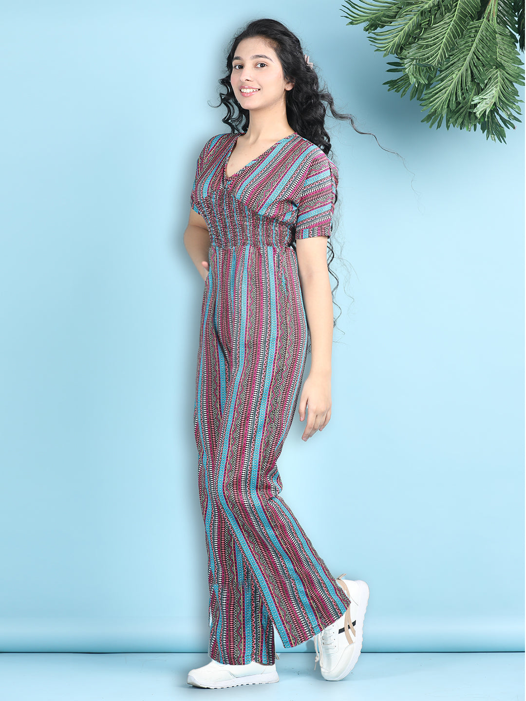 Cutiekins Girls Stylish Striped Print Embellished Jumpsuit -Pink & Multicolor