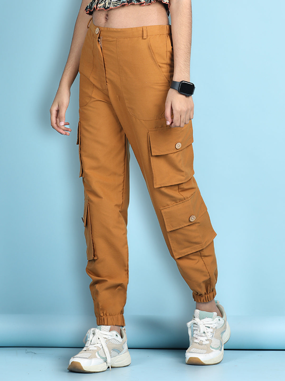 Cutiekins Girls Regular-Fit Solid Cargo Pant -Mustard