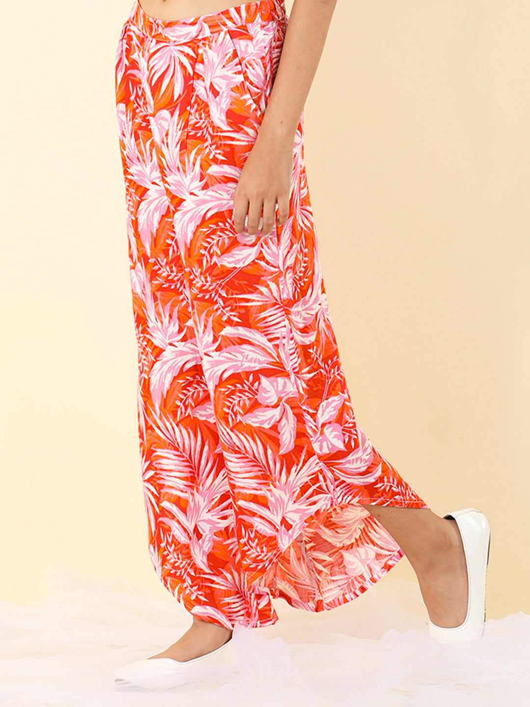 Cutiekins Girls Cotton Tropical Print Palazzo -Orange & White