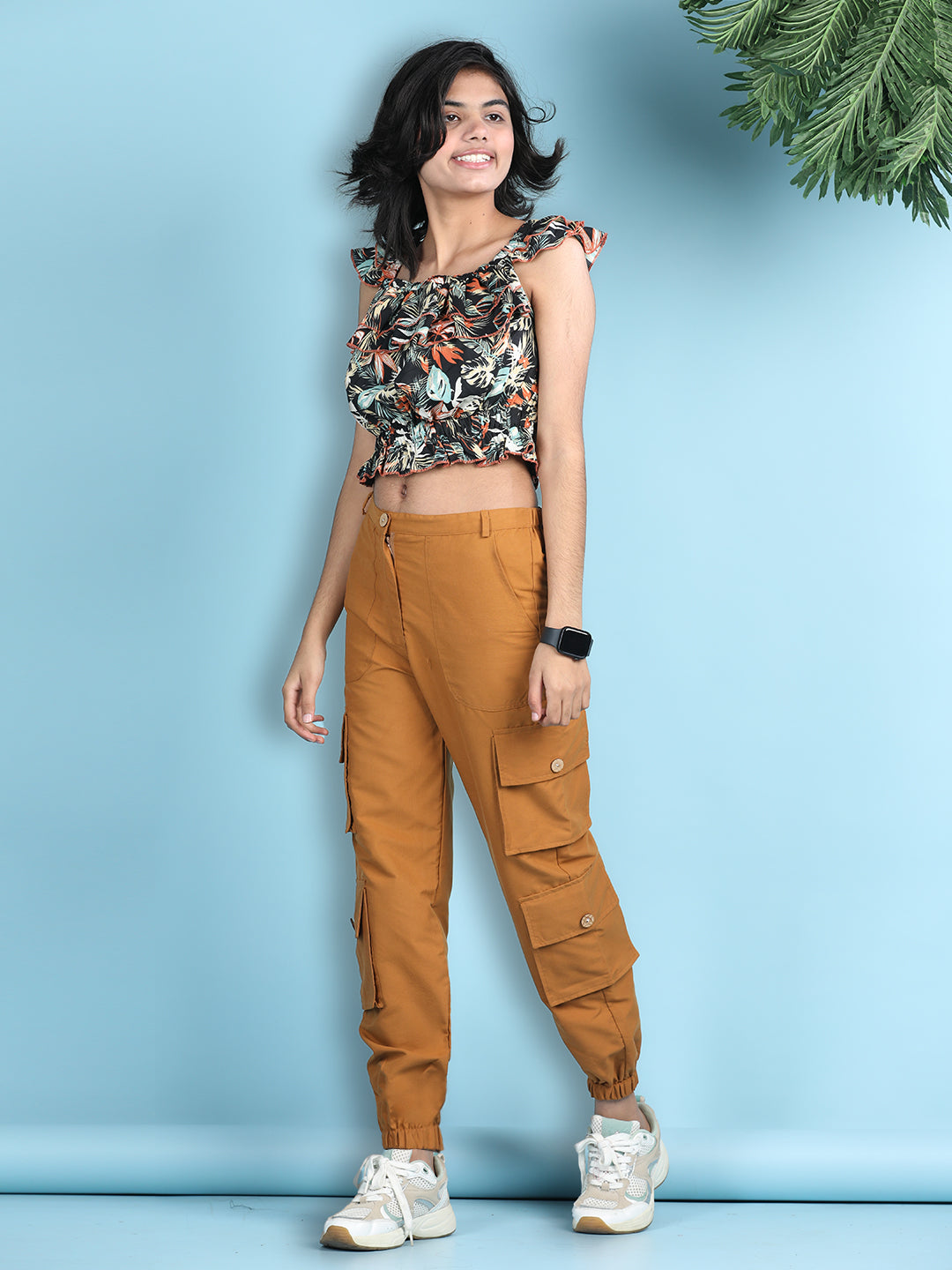 Cutiekins Girls Trendy Bold Look Crop Top With Solid Cargo -Black & Mustard