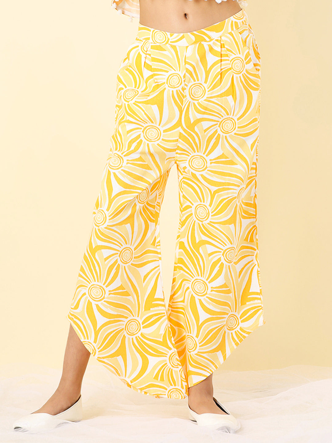 Cutiekins Girls Cotton Abstract Print Palazzo -White & Mustard