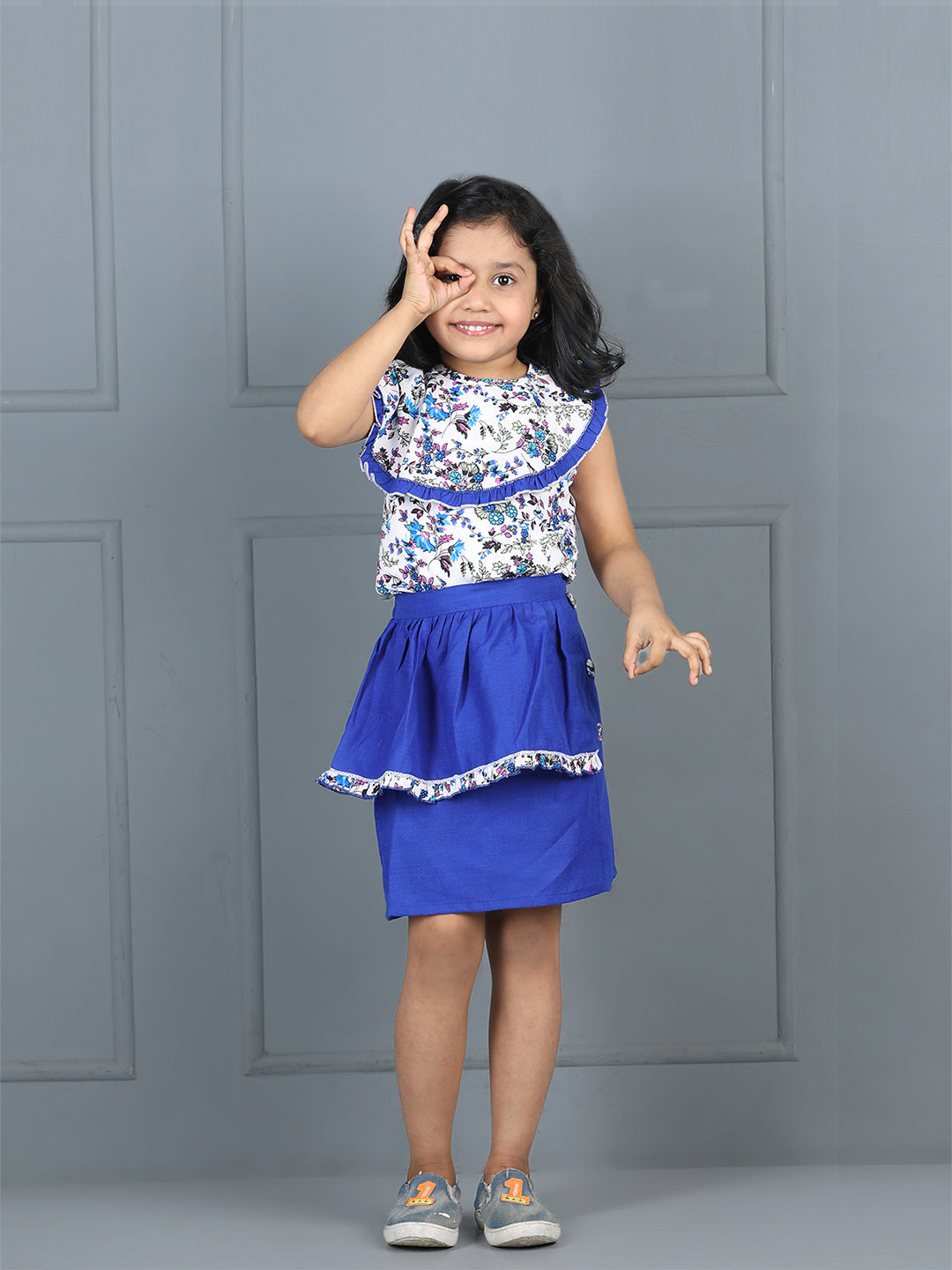 Cutiekins Girls Floral Printed Embellished Top With Solid Skirt -Off White & Blue