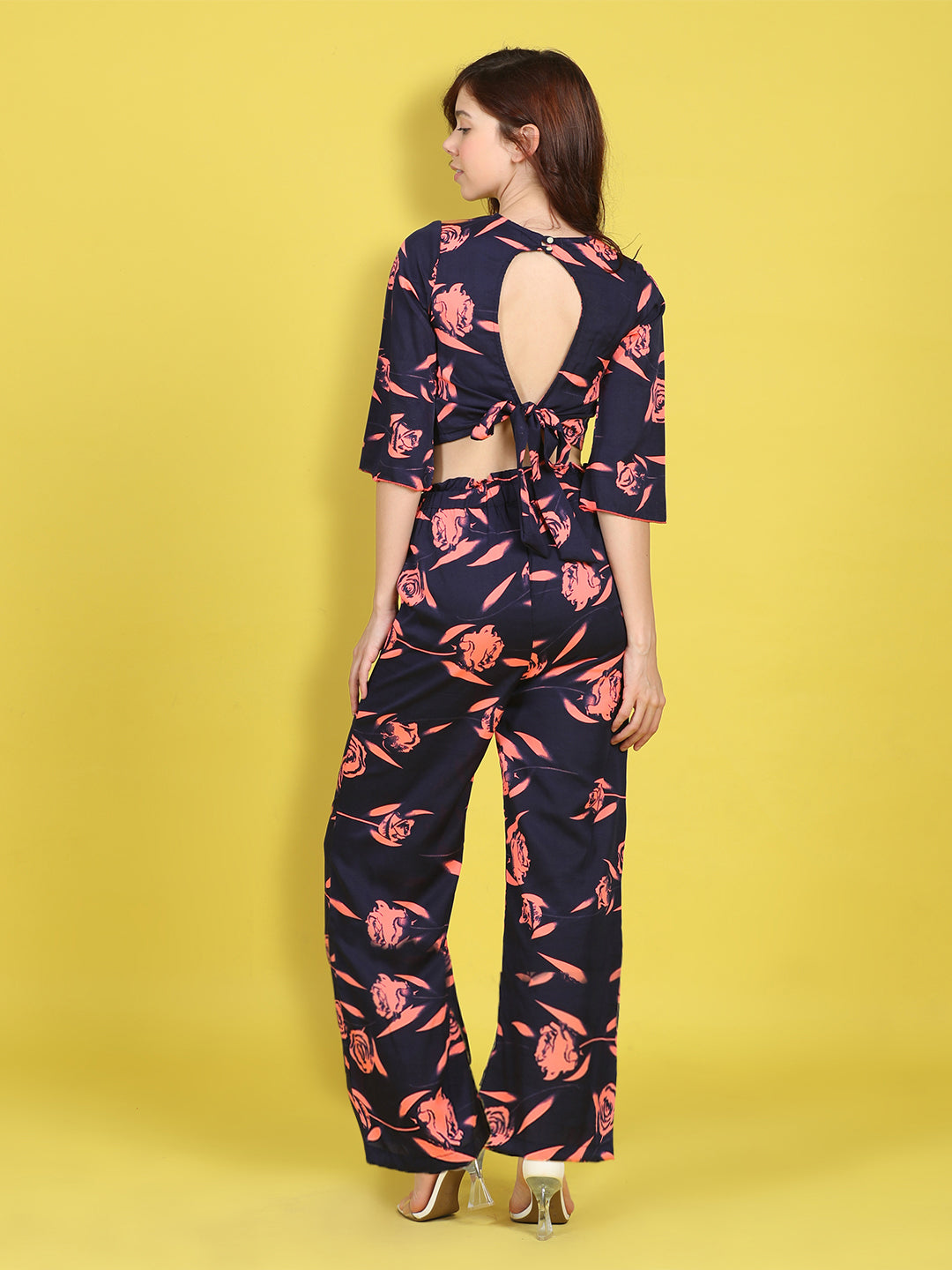 Cutiekins Girls Trendy Bold Style Printed Top & Palazzo Co-ord Set -Navy & Coral