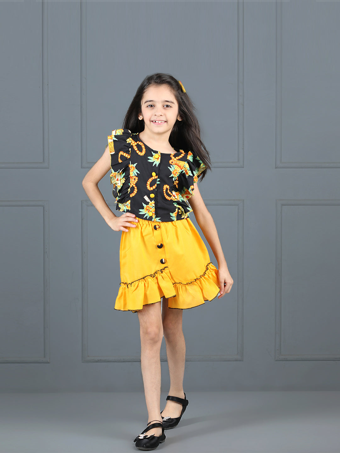 Cutiekins Girls Shirt Style Floral Printed Top With Solid Skirt -Black & Mustard