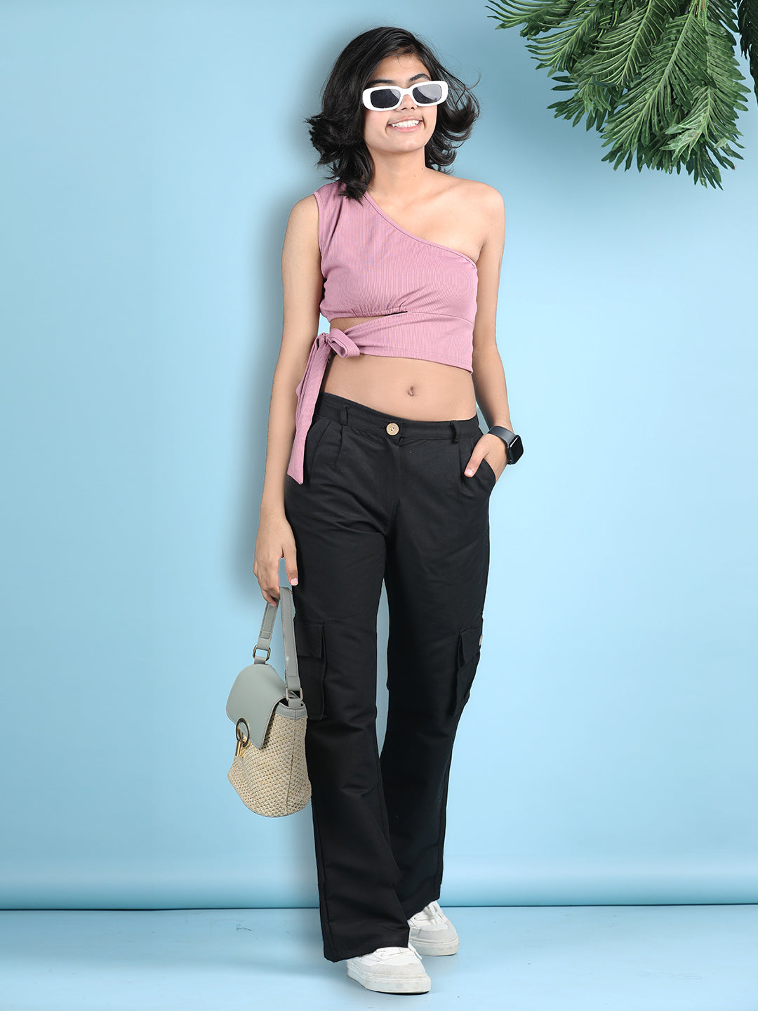 Cutiekins Girls Solid Embellished Top with Solid Cargo -Onioin Pink & Black