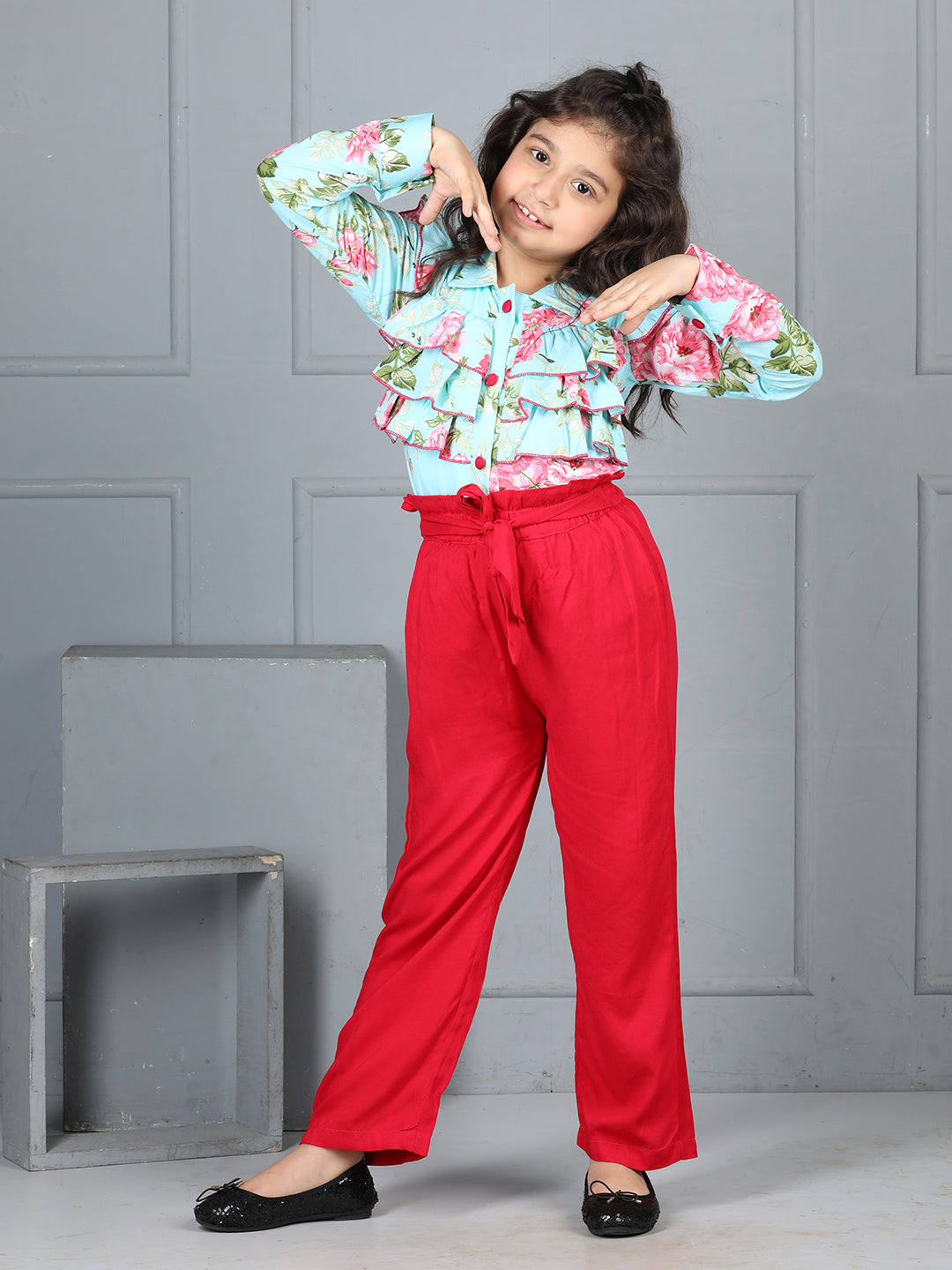 Cutiekins Girls Shirt Style Floral Printed Top With Solid Trouser -Sky Blue & Red