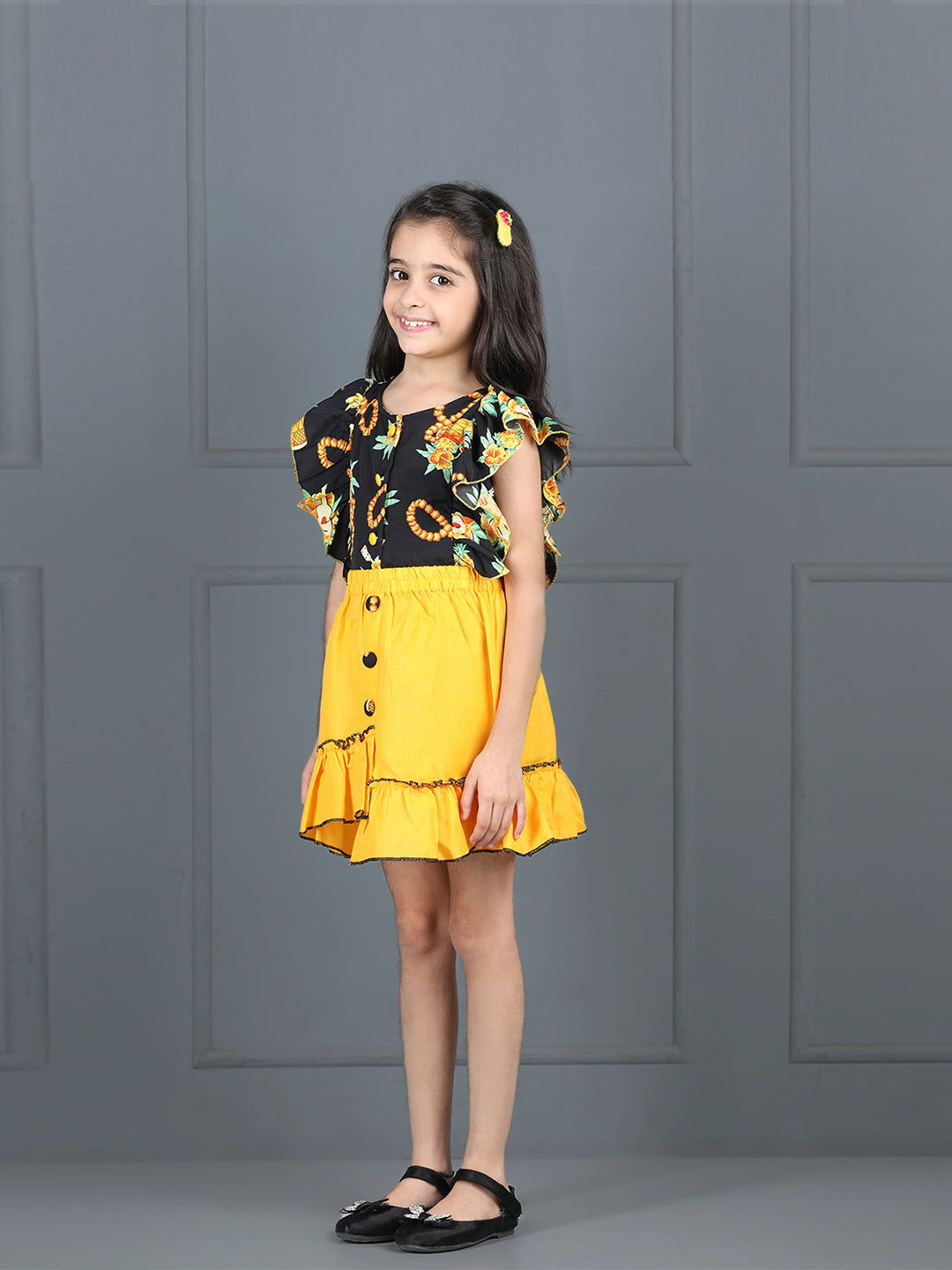 Cutiekins Girls Shirt Style Floral Printed Top With Solid Skirt -Black & Mustard