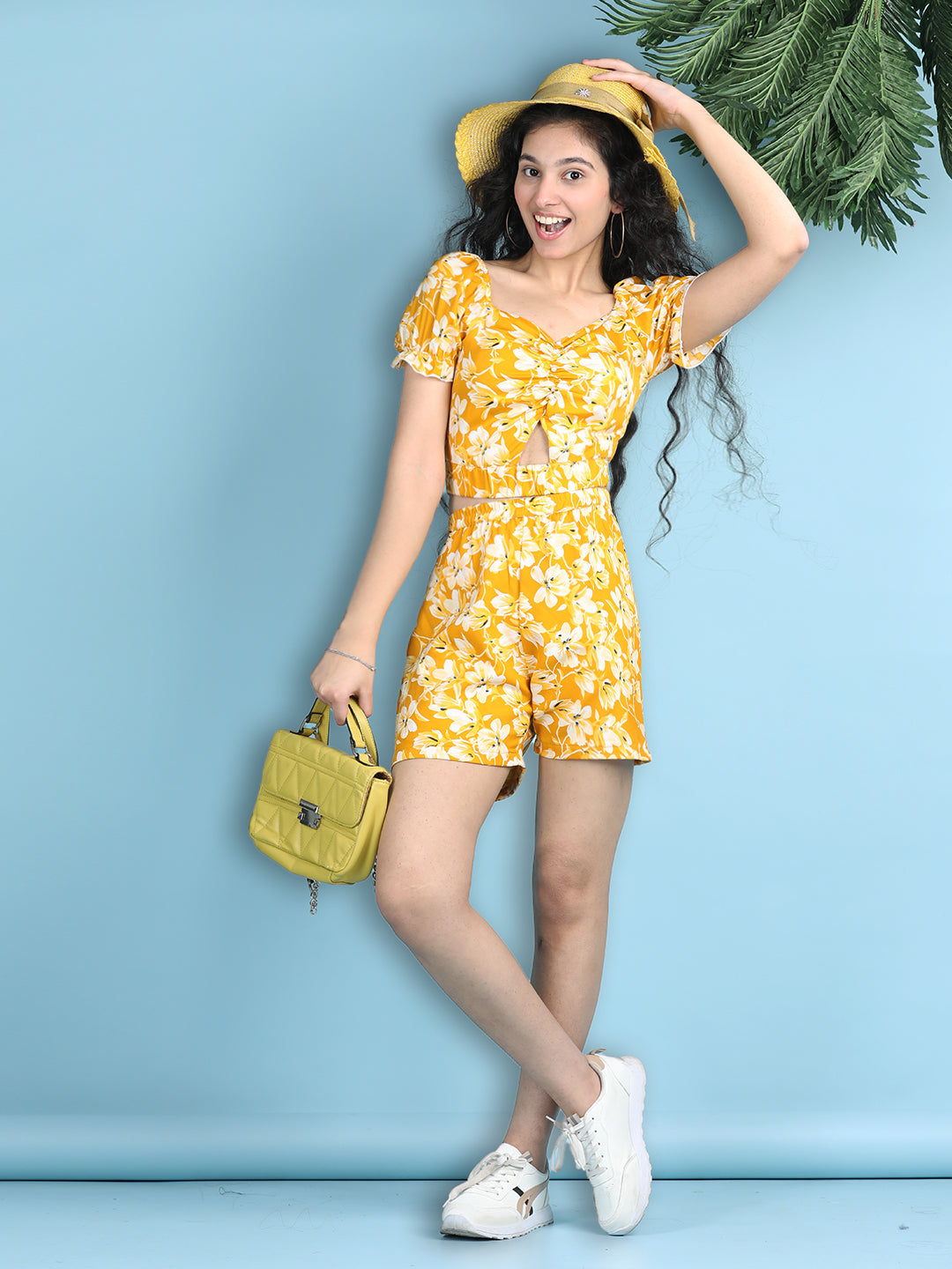 Cutiekins Girls Printed Embellished Top with Solid Shorts -Mustard & White