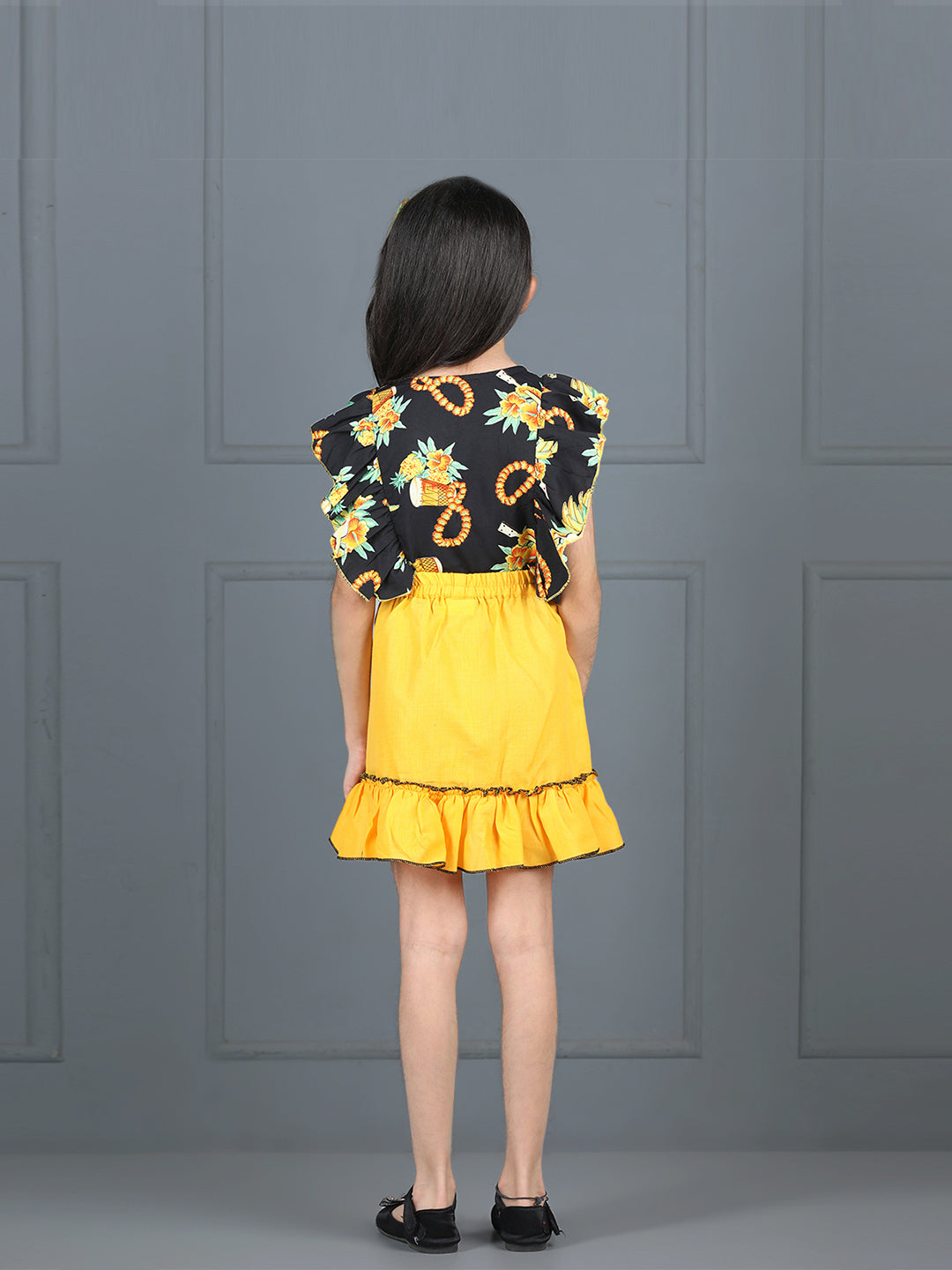 Cutiekins Girls Shirt Style Floral Printed Top With Solid Skirt -Black & Mustard